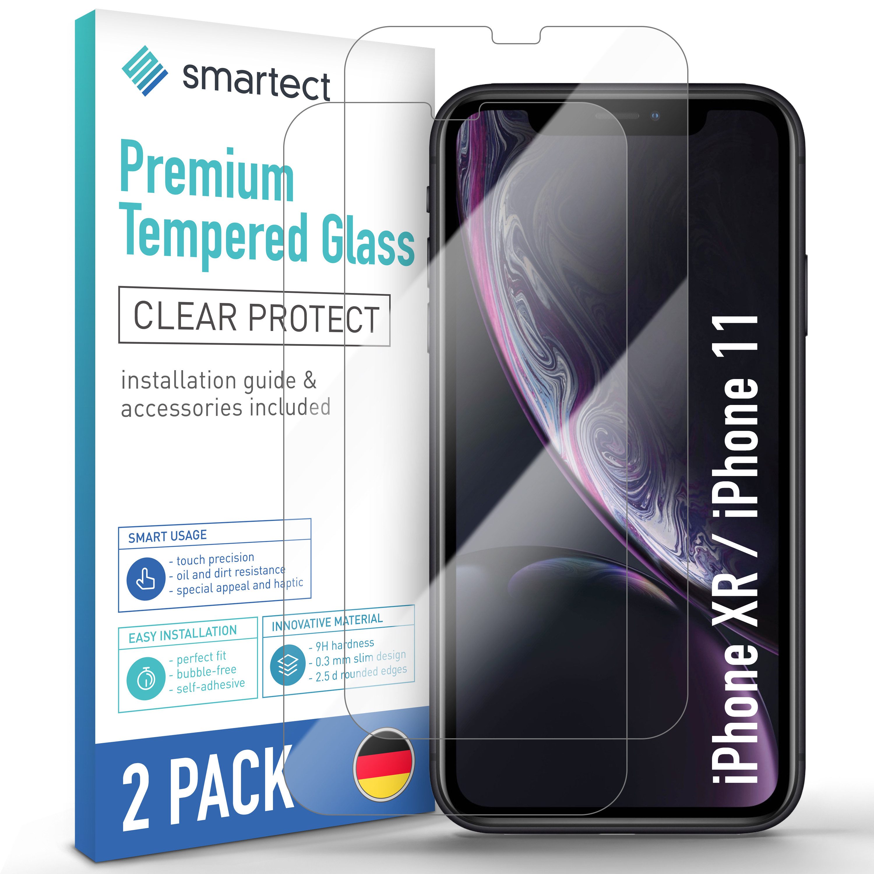 smartect Displayschutzglas 2X Schutzglas Panzerfolie Klar für iPhone XR / iPhone 11 für Apple iPhone XR / iPhone 11, Set, 2 Stück, 0.3 mm Ultra-klar, 9H Härte, Kratzfest, Stoßfest, Blasenfrei, Oleophob