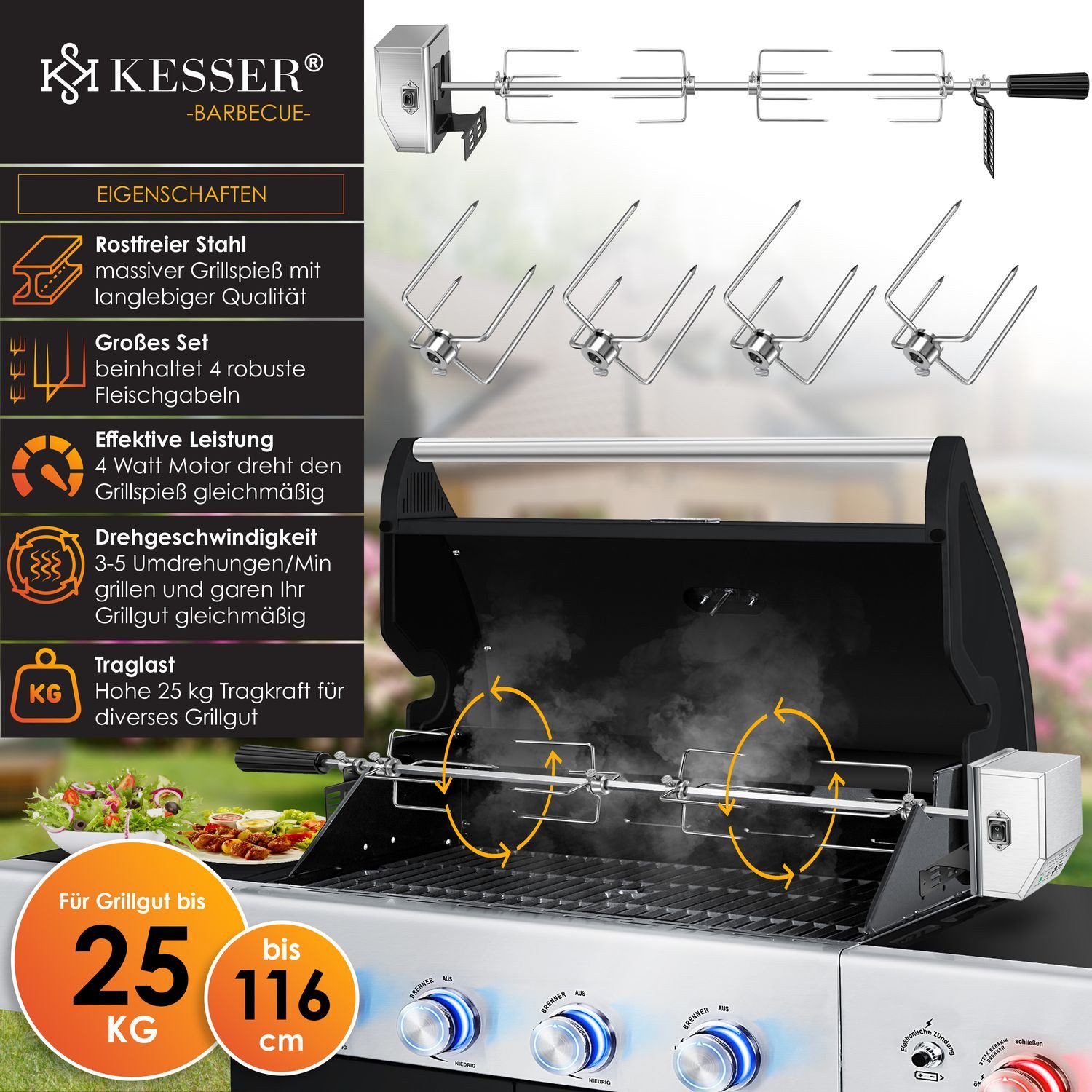 KESSER Grillspieß Set 116cm – Motor, 4 Fleischgabeln, bis 25kg Tragkraft, Für Gas-, Kohle- & Smokergrills, hitzefester Griff, ruckelfrei