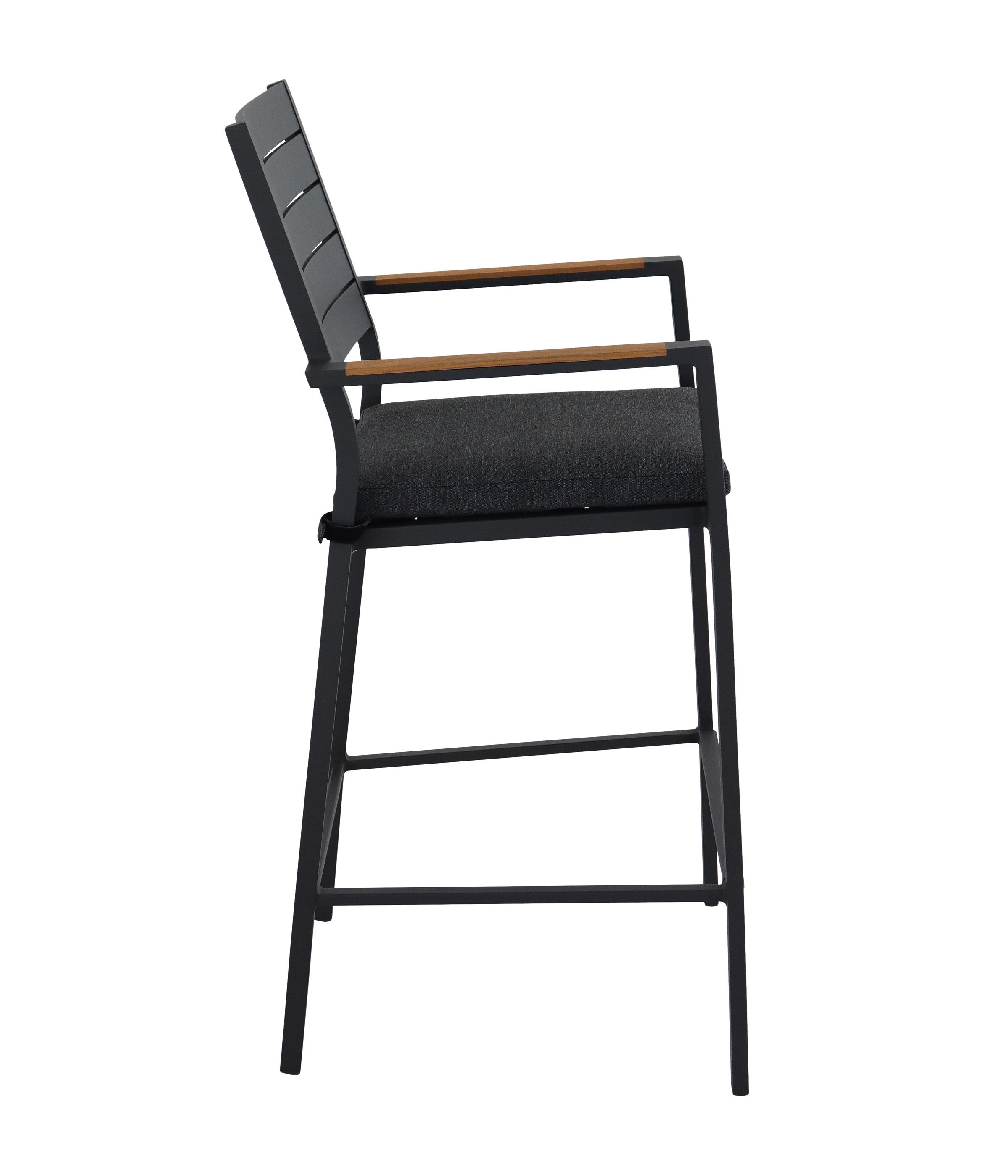 Dehner Gartenstuhl Barstuhl Montpellier, für Stehtische, 56.5 x 55.5 x 113 cm, dunkelgrau, langlebiges Alugestell, FSC®-zertifiziertes Teakholz. inkl. Sitzkissen