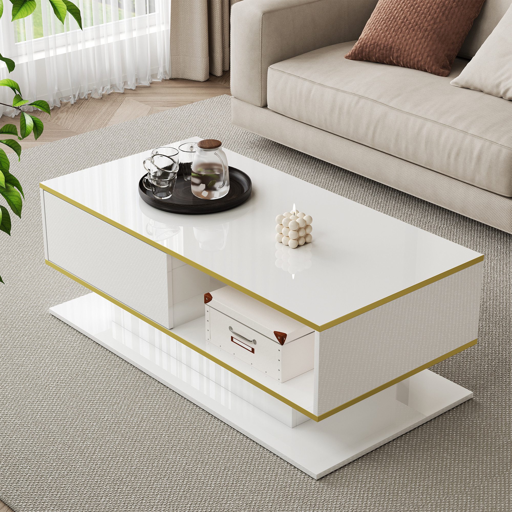 MODFU Couchtisch Goldene Dekorstreifen (Satztisch, Wohnzimmertisch, günstig online kaufen