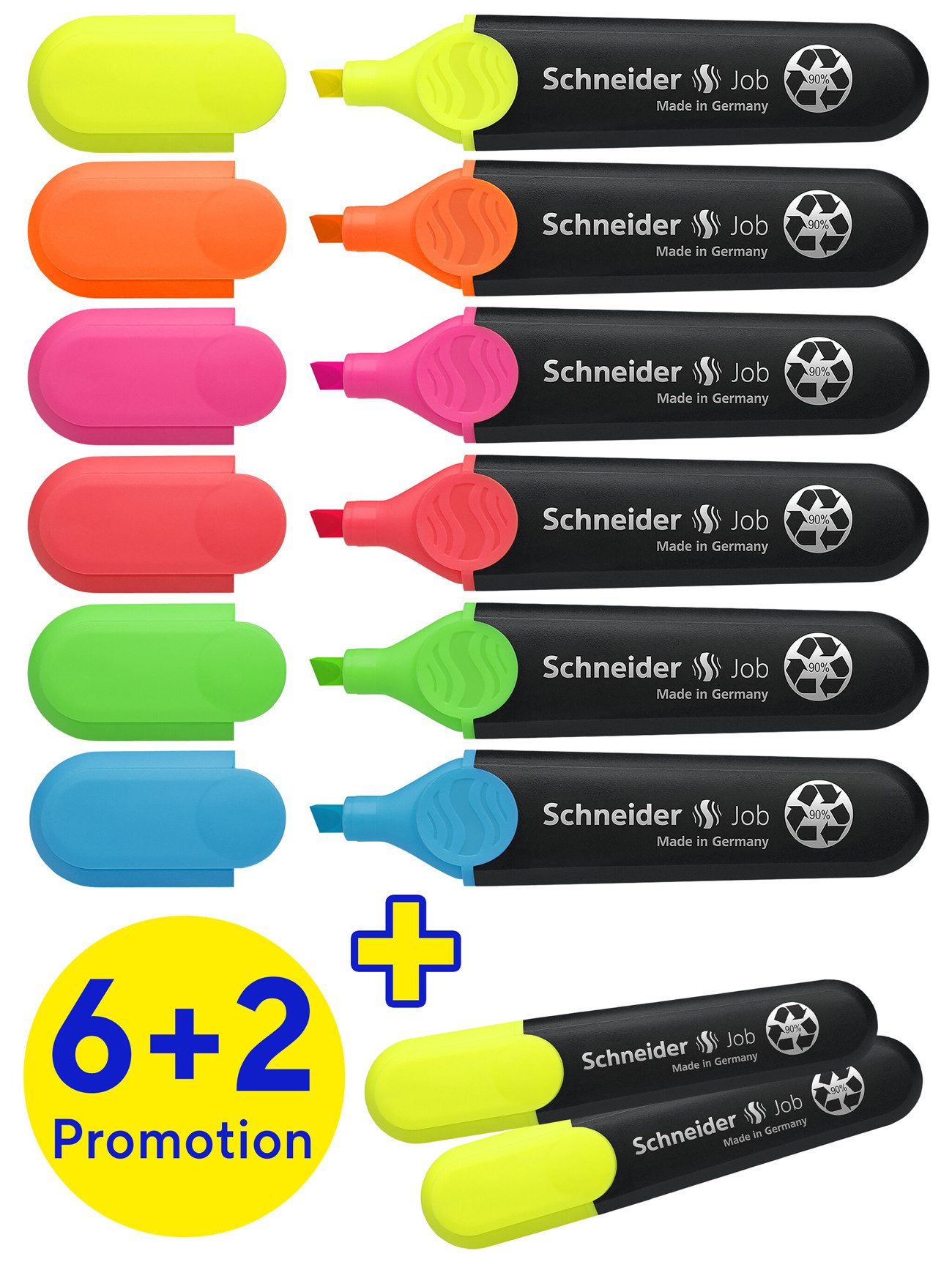 SCHNEIDER 2 GRATIS: Schneider Job Textmarker farbsortiert, 6 St. + GRATIS 2 St. Tintenpatrone
