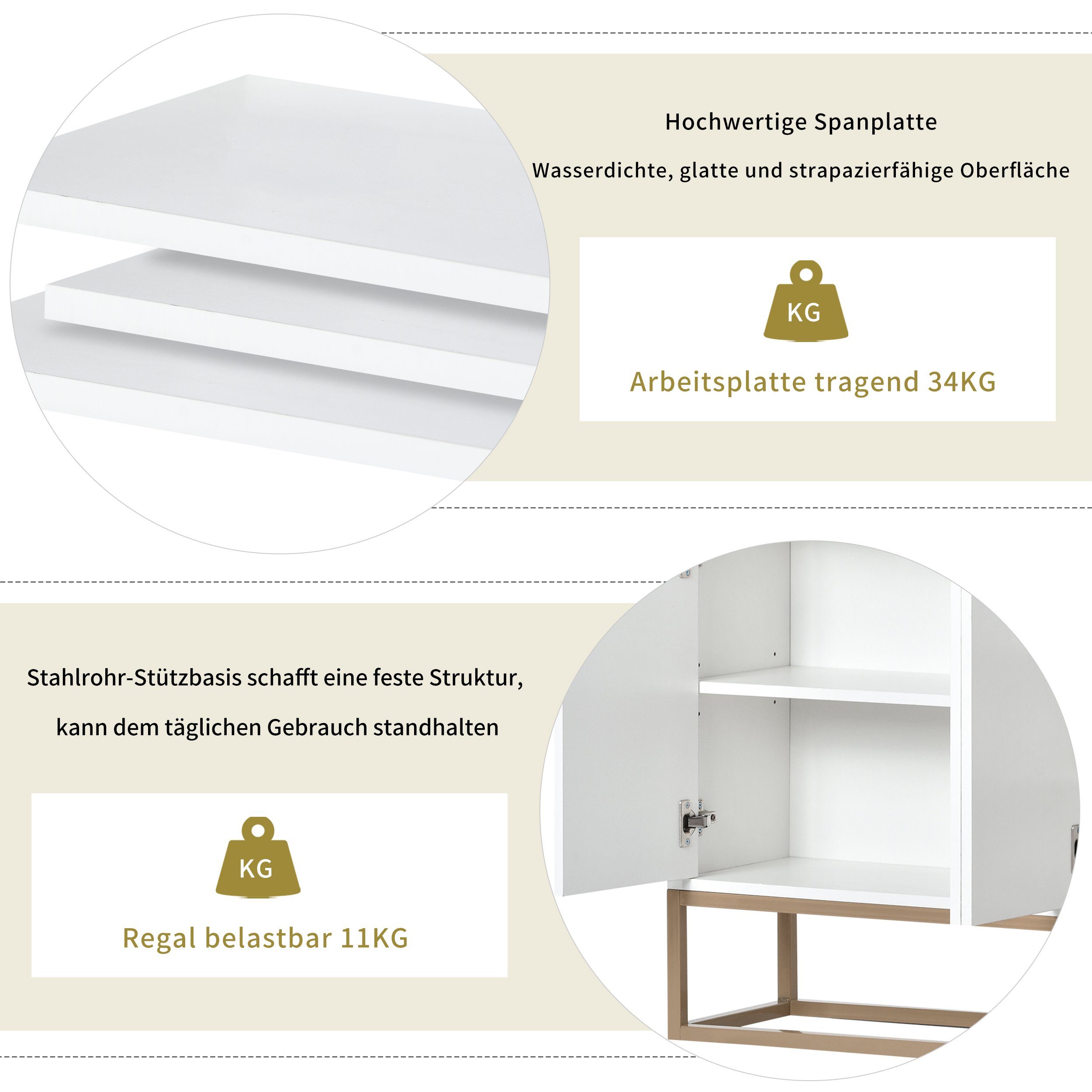 Merax Sideboard mit verstellbaren Einlegeböden und goldenen Metallrahmen, Kommode mit Push-to-Open Funktion,Anrichte,Buffet,Breite: 120cm