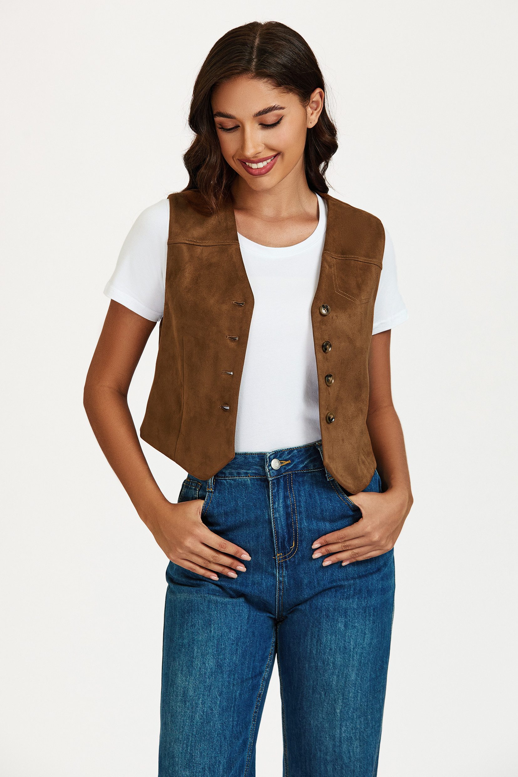 FS Collection Lederimitatweste Damen Lederimitatweste in Camel mit Knopfverschluss, Kunstlederweste (Größen: S, M, L, XL) 96,3 % Polyester, 3,7 % Elasthan – Bild 3 von 5