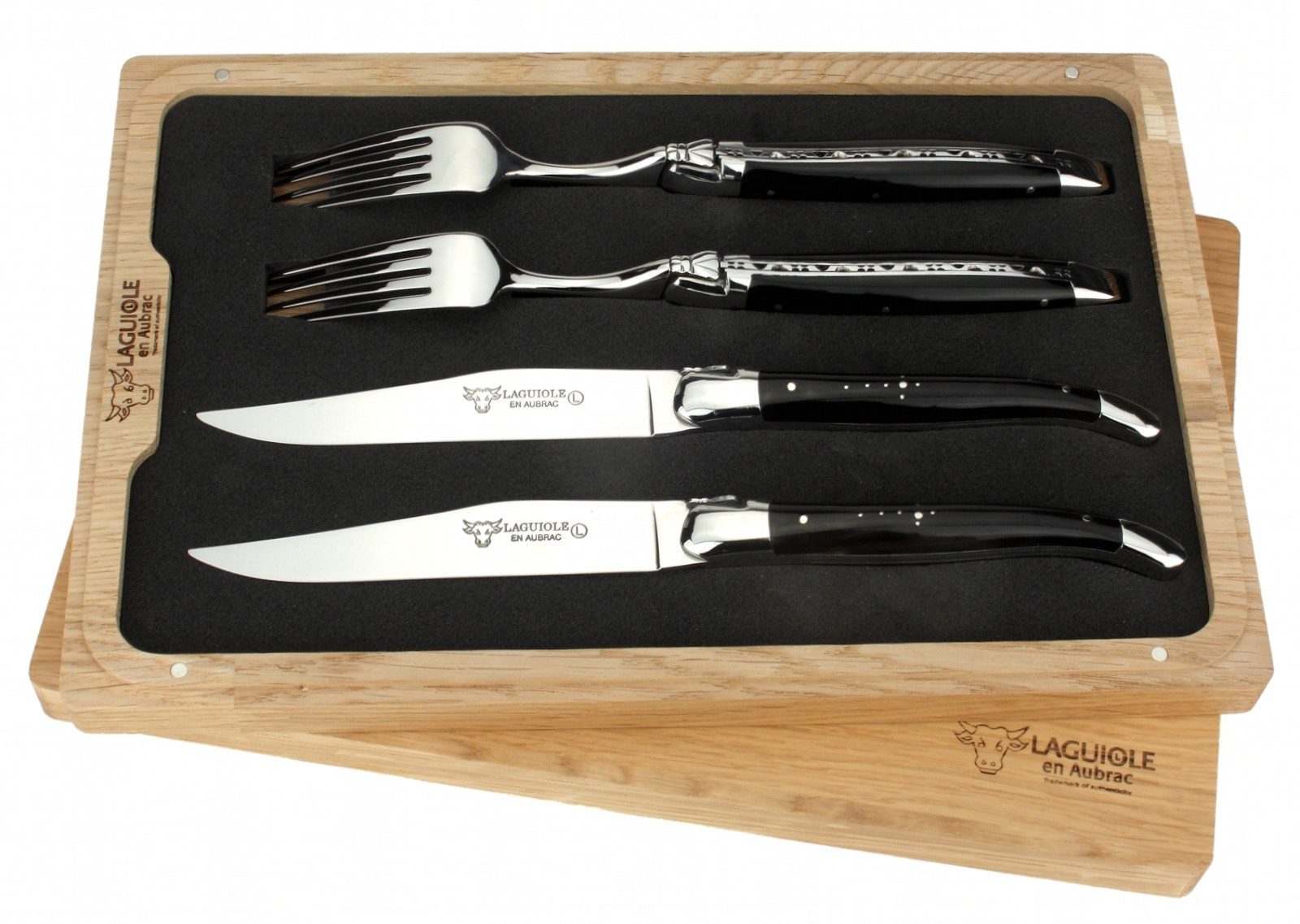 Laguiole en Aubrac Steakbesteck CCF99BUI, 2 Messer / 2 Gabeln - Griff Büffelhorn - Stahl glänzend