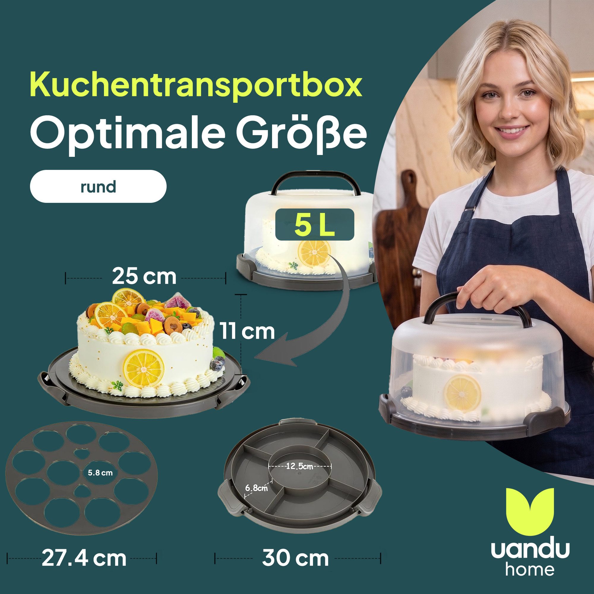 uandu home Kuchentransportbox Tortentransportbox mit Haube und Griff, Kuchenbehälter, Tortenbehälter, (Tortentransportbox mit Haube und Griff, BPA Frei Tortenbehälter), Dishwasher Safe