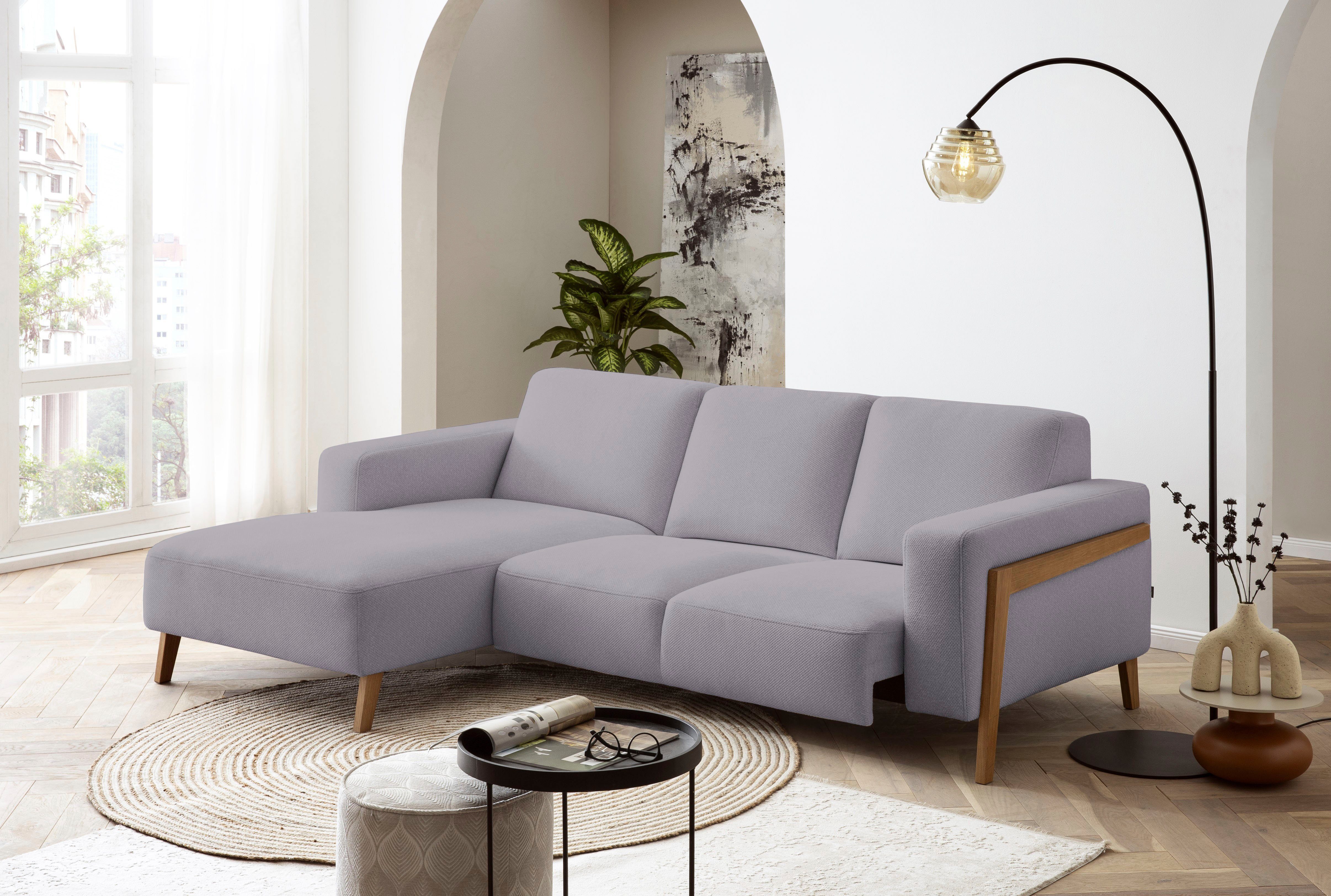 exxpo - sofa fashion Ecksofa Starr Scandic Design, tolle Verarbeitung, bequem, Sichtholz am Armteil, L-Form, wahlw. elektrische Sitztiefenverstellung, Massivholzfüße
