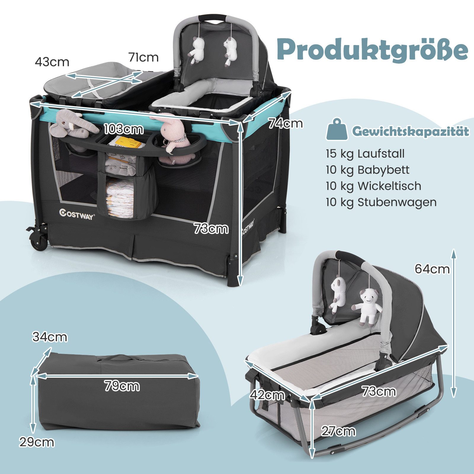 COSTWAY Baby-Reisebett, 1-tlg., Babybett, Tragbares Beistellbett, mit Wickelauflage, Tragetasche
