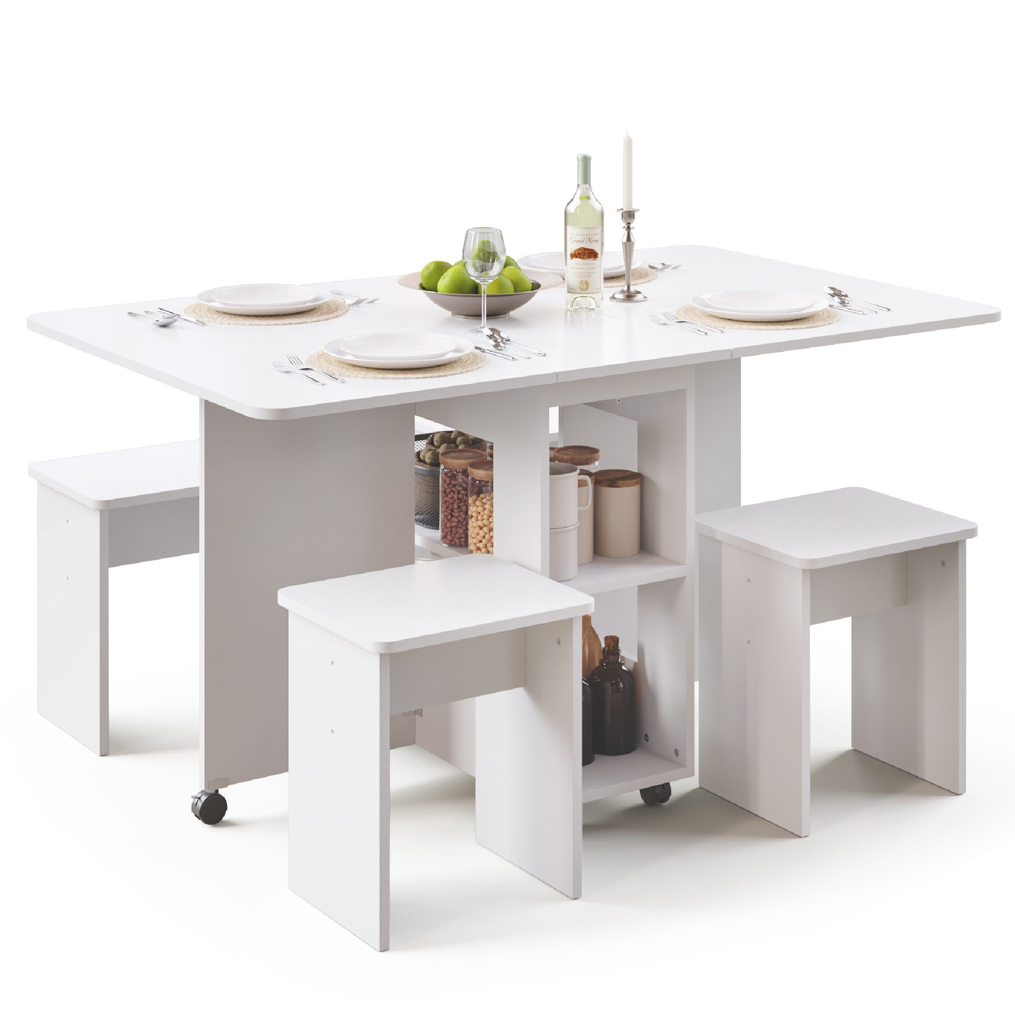 Mondeer Essgruppe Esstisch mit 4 Hockern, (120x80 cm), Platzsparend, 3-in-1-Funktion, Rollbar & Stabil