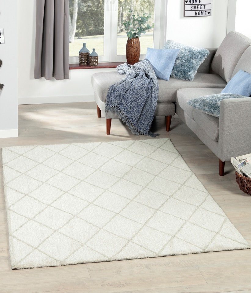 Peyer Syntex Designteppich Teppich modern Design, ivory, Rechteckig, Höhe: 10 mm, kariert modern gewebt Rauten Design pflegeleicht