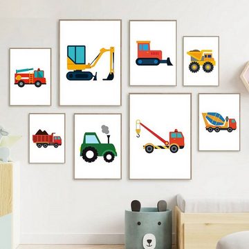 TPFLiving Kunstdruck (OHNE RAHMEN) Poster - Leinwand - Wandbild, Traktor, Lastwagen, Bagger, Kran für Kinderzimmer - (Mädchenzimmer, Babyzimmer, Jungenzimmer, Kindergarten), Farben: rot, grün, blau, gelb - Größe: 10x15cm