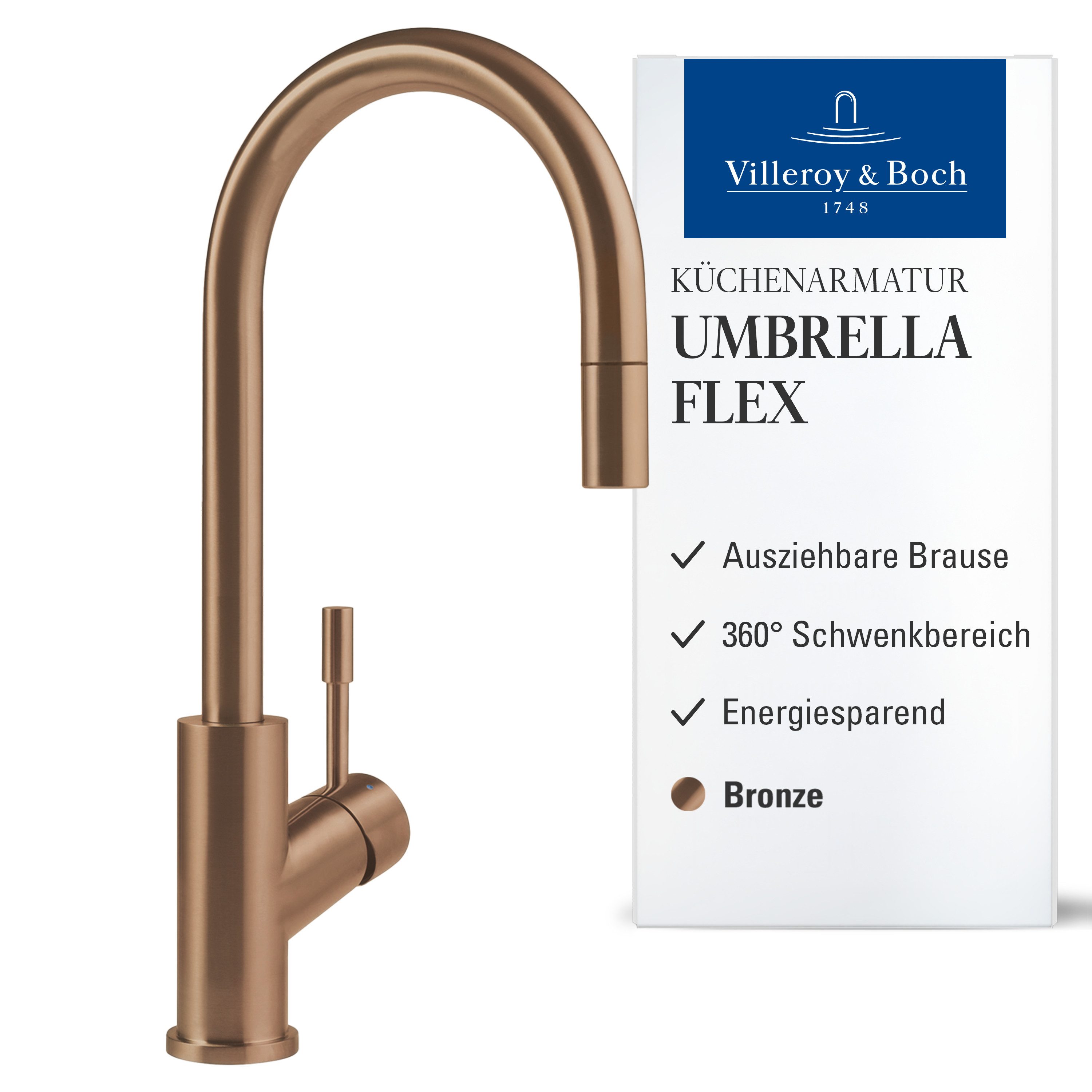 Villeroy & Boch Küchenarmatur Umbrella Flex ausziehbare Handbrause, 360° Schwenkbereich, Bronze