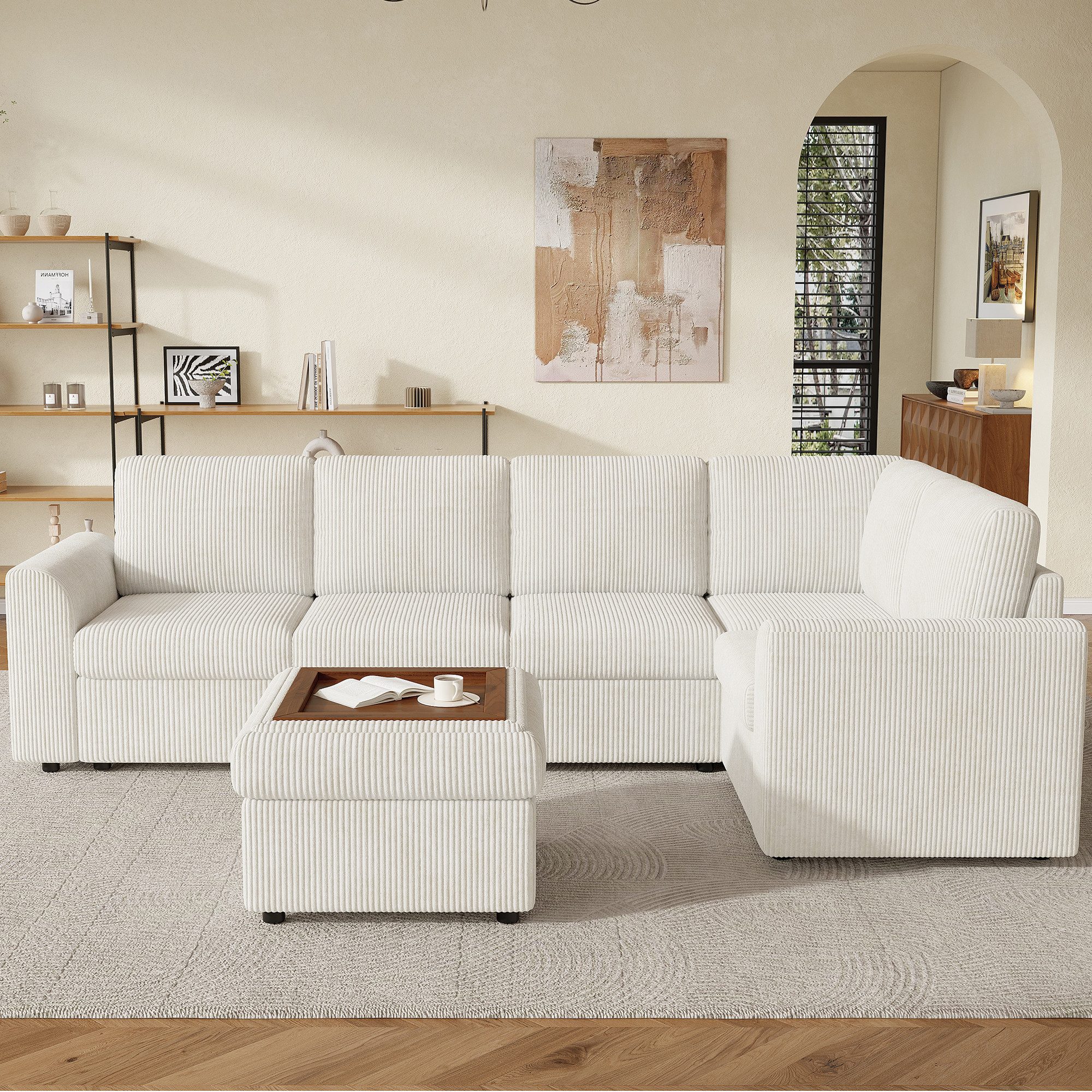 Flieks Ecksofa L-förmig inkl. beweglicher multifunktionaler Hocker mit Stauraum, Hocker mit umklappbaren Deckel als Couchtisch, L282/T153/H85 cm, 6-Sitzer Sofa mit Schlaffunktion Eckcouch Beige, Corduroystoff