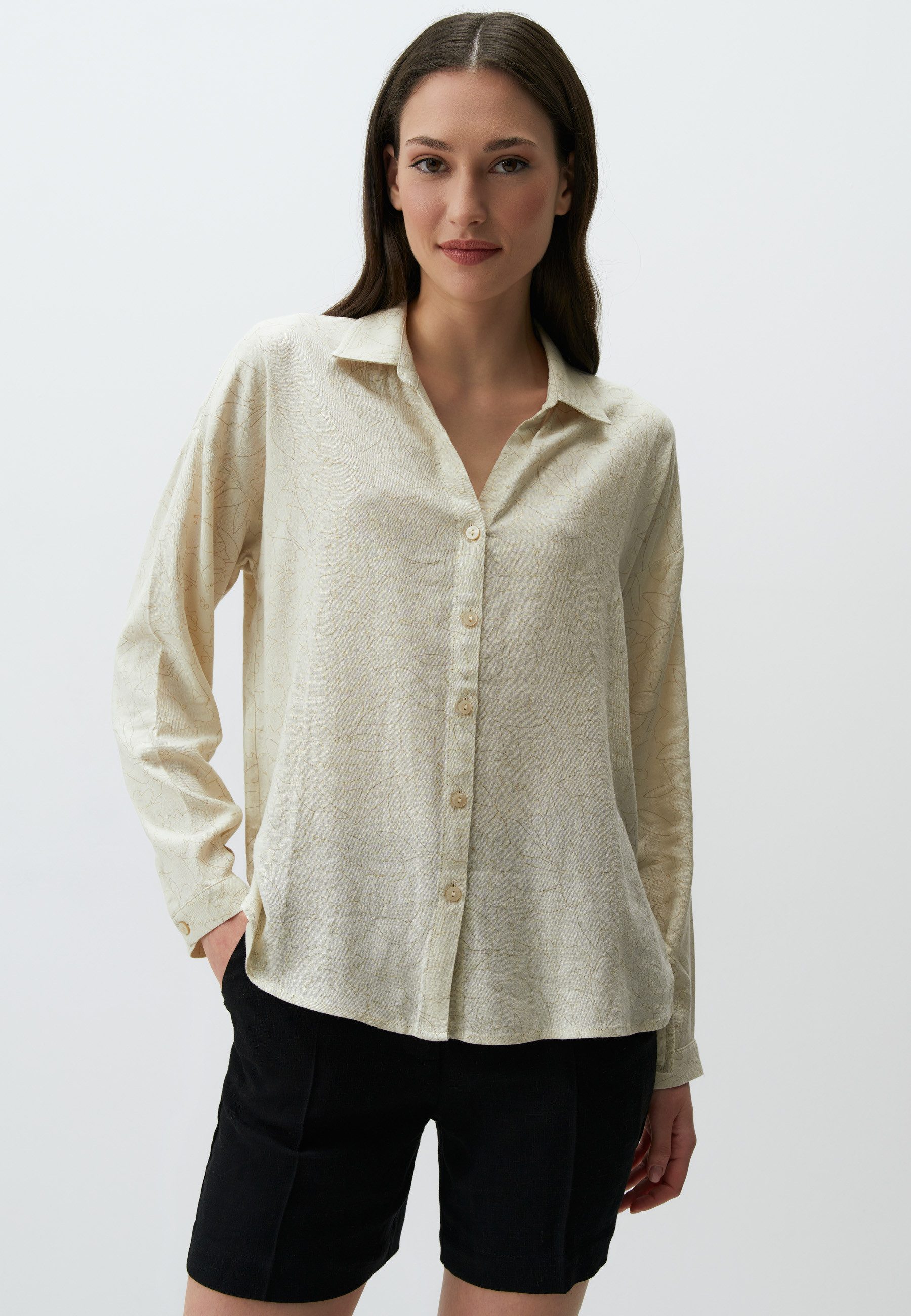 Shirtbluse Floral Gemustert Langärmlig Leinen Hemd