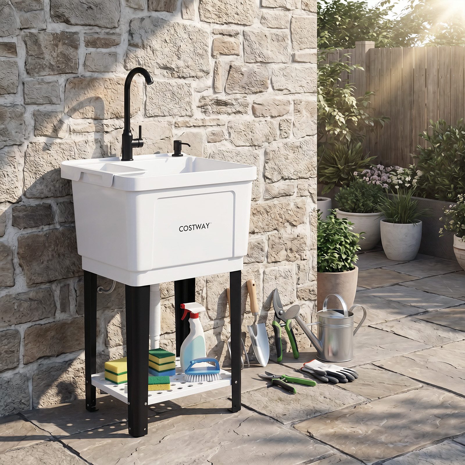 COSTWAY Waschbecken, Mit 360° drehbarem Wasserhahn & unterem Ablagefach