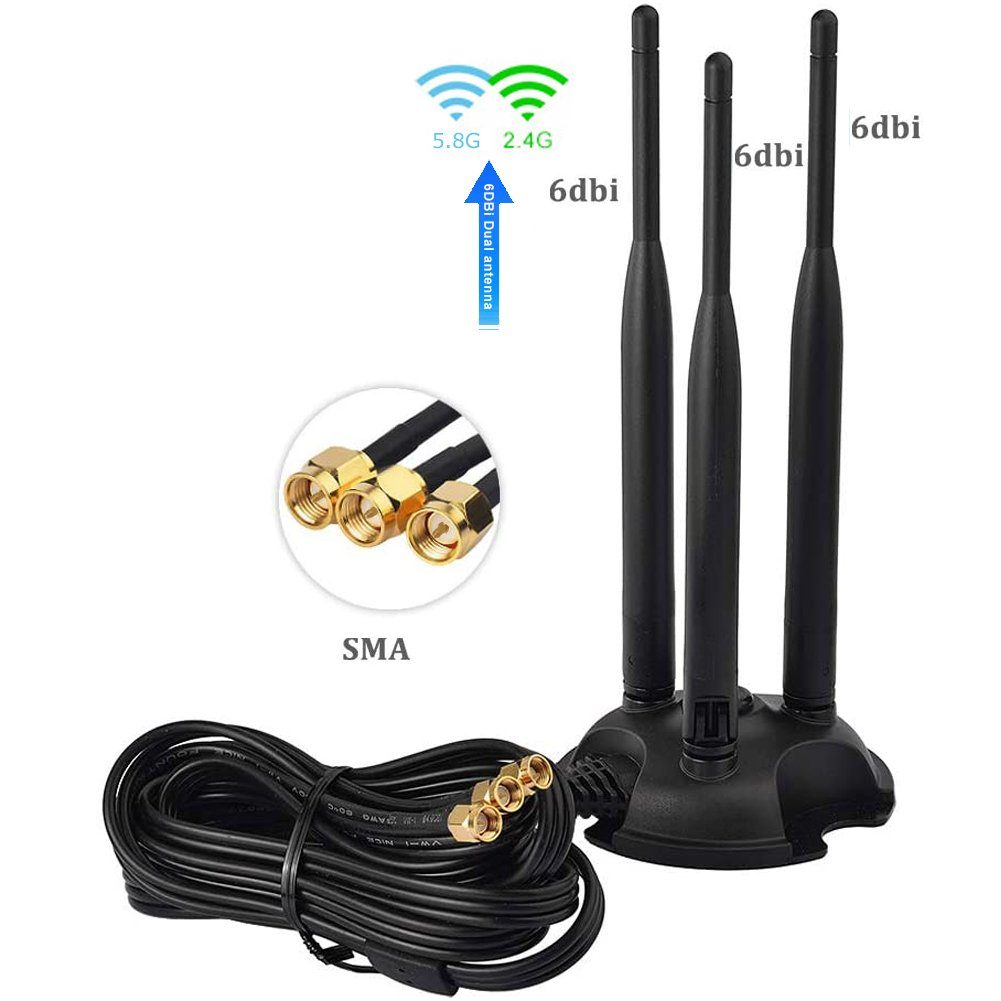 SMA 5.8G mit Standfuß 6dBi WiFi Adapter 3x Antenne Bolwins 2.4G, 3m WLAN-Antenne A22D Kabel