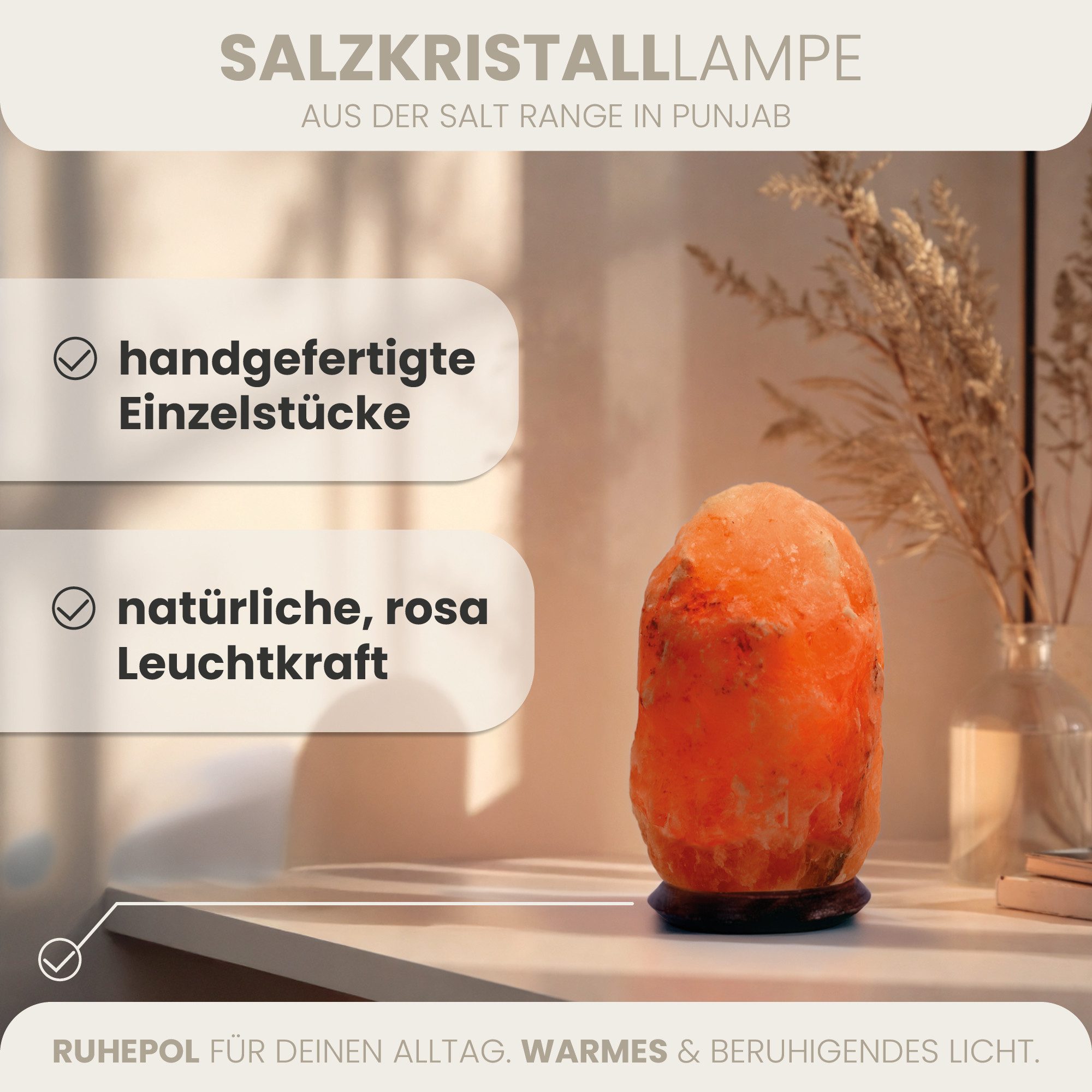 HAF Salzkristall-Tischlampe Rosa Salzlampe Naturform in 3 Größen Salzkristalllampe Fassung + Birne, Leuchtmittel wechselbar, Warmweiß/Rosa, Handgefertigt - jeder Stein ein Unikat