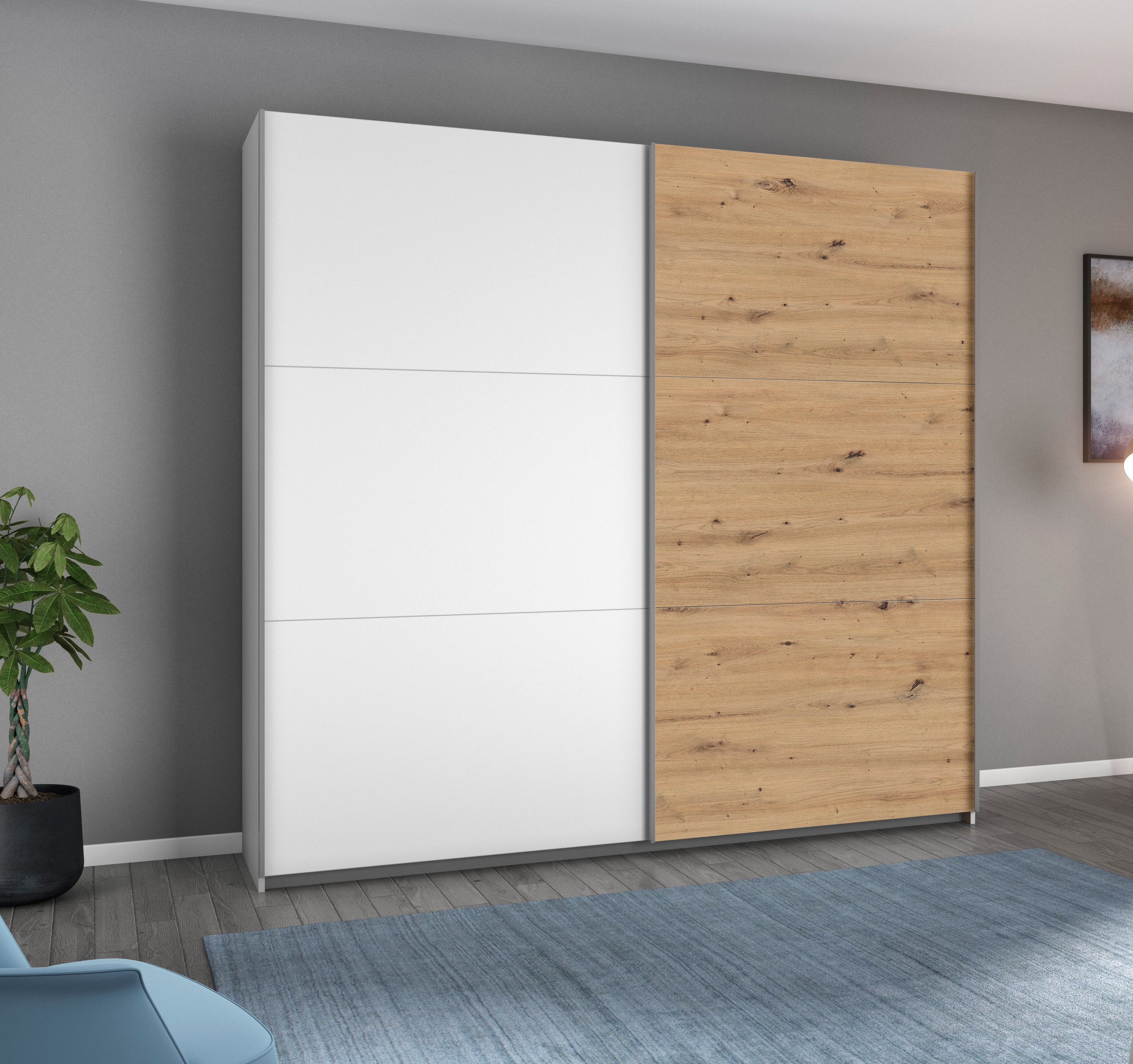 rauch Schwebetürenschrank AURELIO Kleiderschrank Garderobe (3 Ausstattungen BASIC/CLASSIC/PREMIUM (inkl. SOFT-CLOSE-FUNKTION) 3 verschiedene Ausstattungsvarianten Griffe aus Metall MADE IN GERMANY