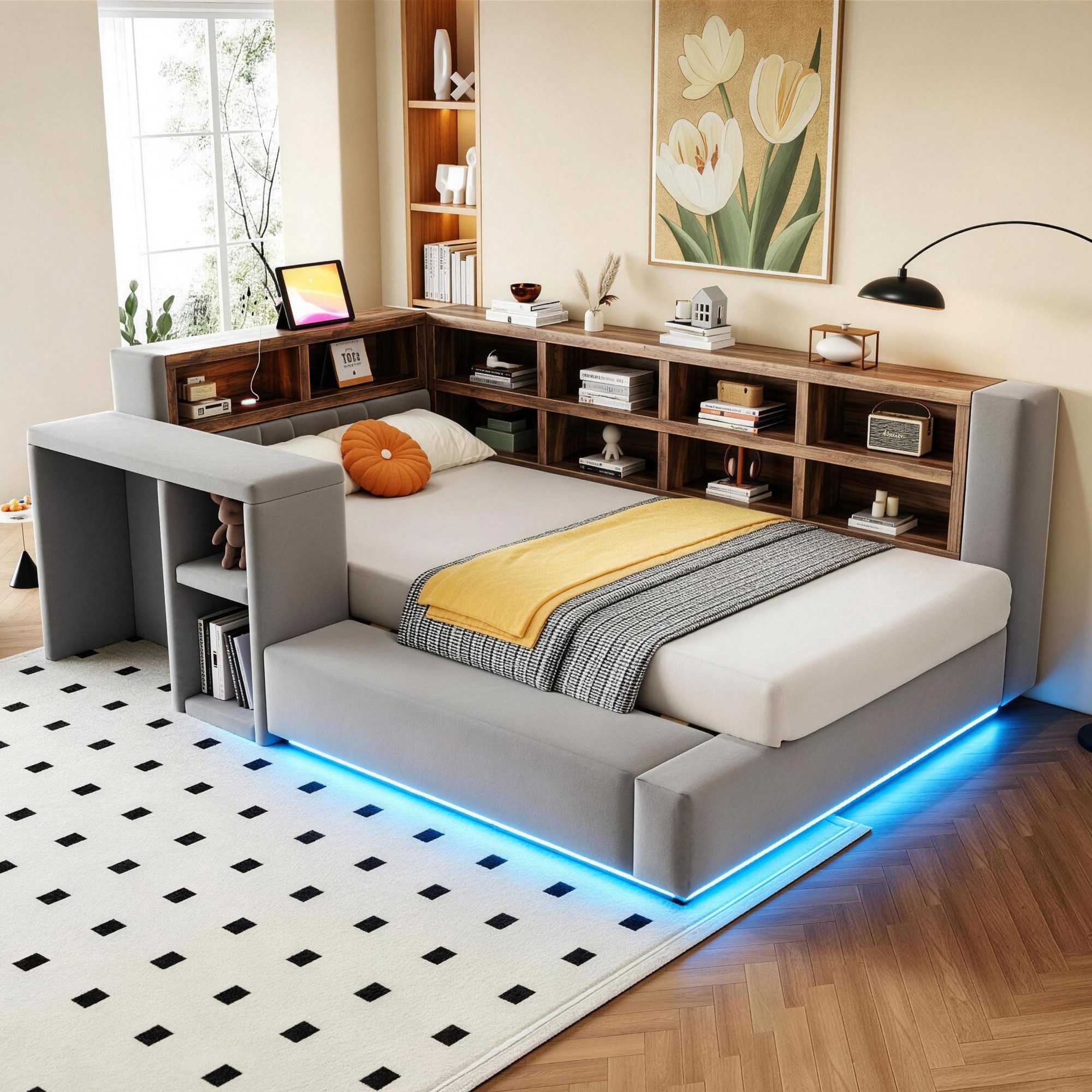 Flieks Daybett, Polsterbett 90x200cm mit Staufächer, LED & Aufladen, Beistelltisch