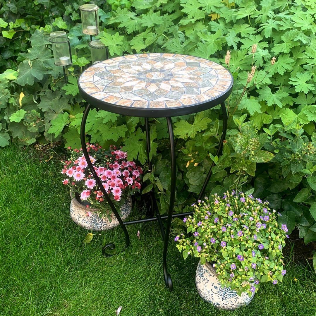 K&L Wall Art Blumenhocker Mosaik Gartentisch Metall Pflanzenhocker Stein Blumentreppe, Naturstein Mosaik Tischplatte