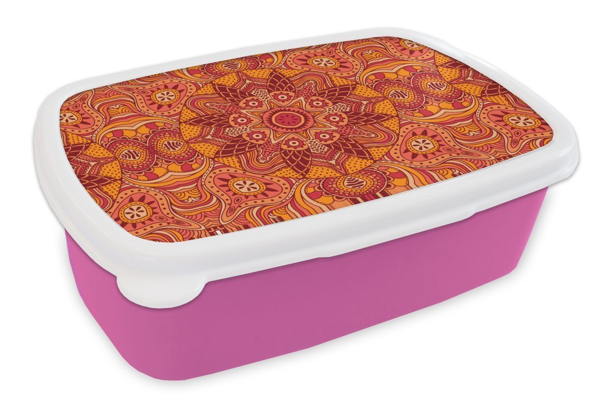 MuchoWow Lunchbox Mandala - Muster - Vintage - Orange - Rot, Kunststoff, (2-tlg), Brotbox für Erwachsene, Brotdose Kinder, Snackbox, Mädchen, Kunststoff rosa