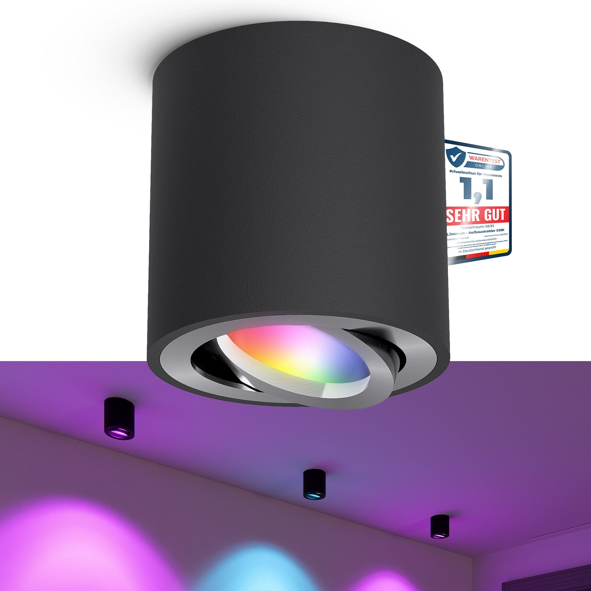 linovum LED Aufbaustrahler CORI Aufbauspot schwarz gebuerstet schwenkbar mit Smart GU10 RGB LED, Smart