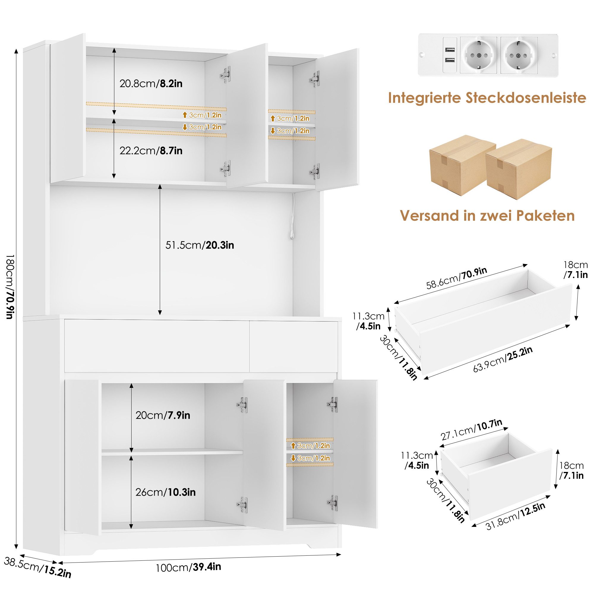 Homfa Küchenbuffet Küchenschrank mit LED Buffetschrank mit Steckdosen Hochschrank mit Arbeitsplatte, 6 Türen und Schubladen