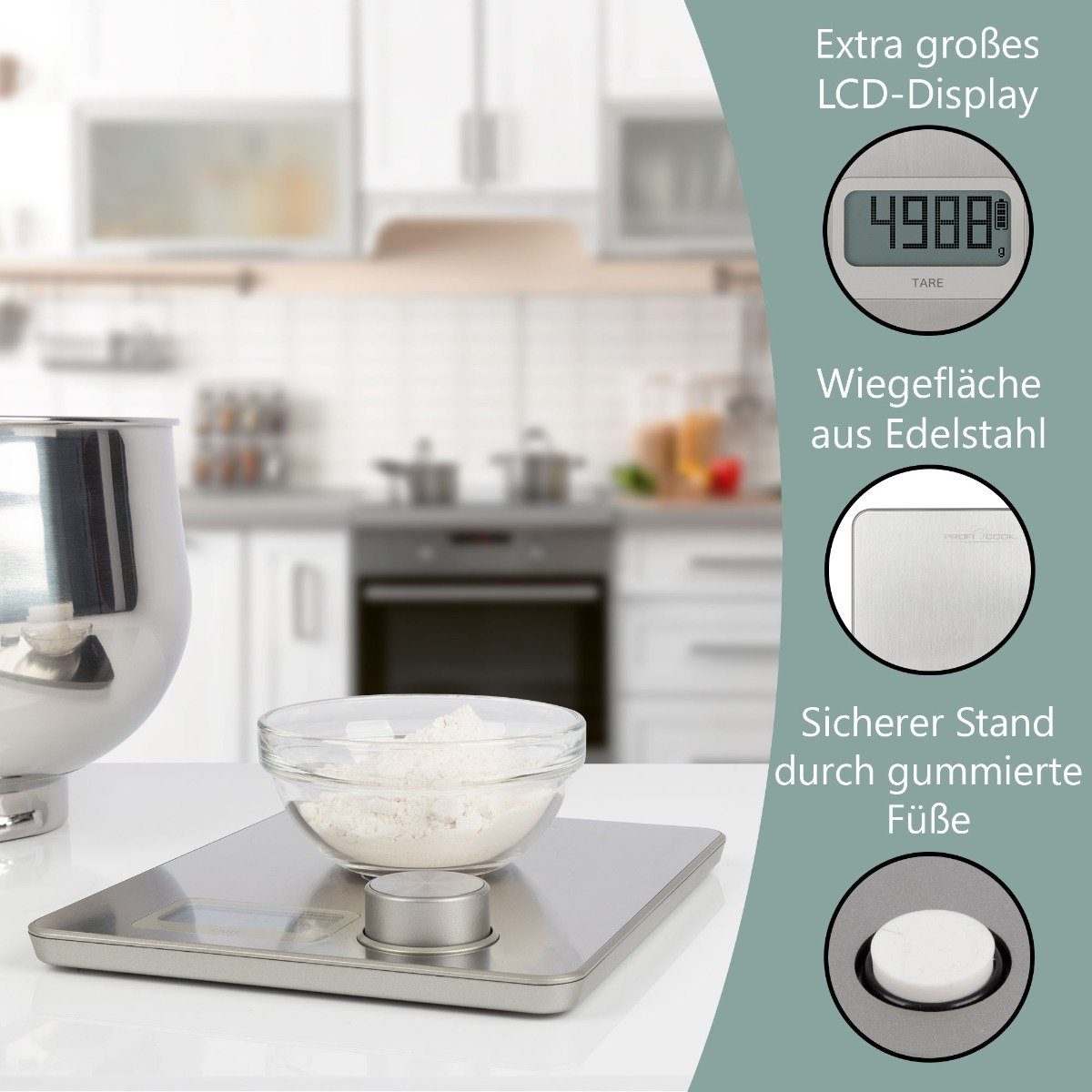 ProfiCook Küchenwaage PC-KW 1263, Küchenwaage ohne Batterien Messbereich von 1g-5kg
