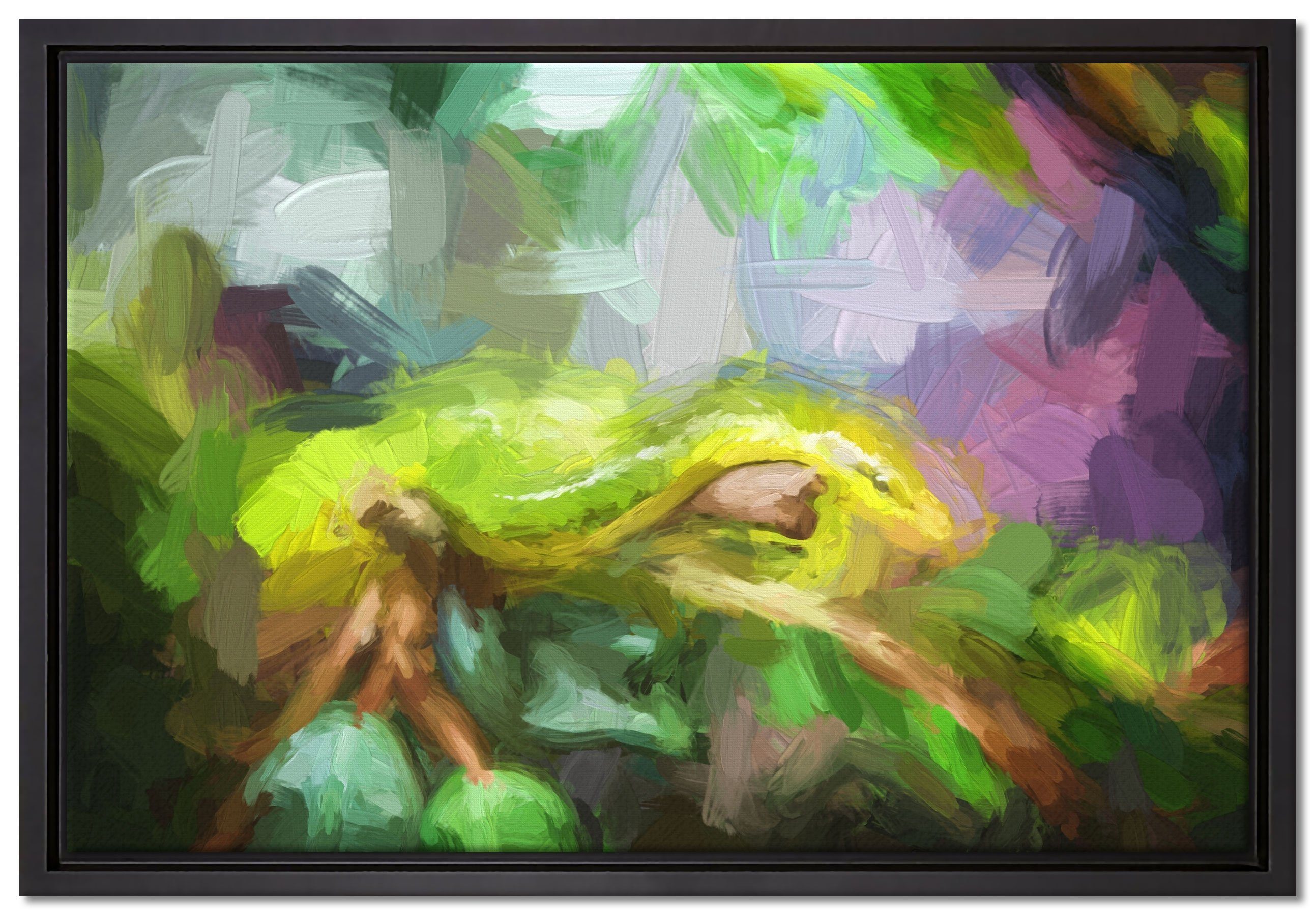 in inkl. grüne Schlange bespannt, einem Leinwandbild Kunst, Pixxprint gefasst, (1 St), Schattenfugen-Bilderrahmen Wanddekoration Zackenaufhänger Raue Leinwandbild fertig