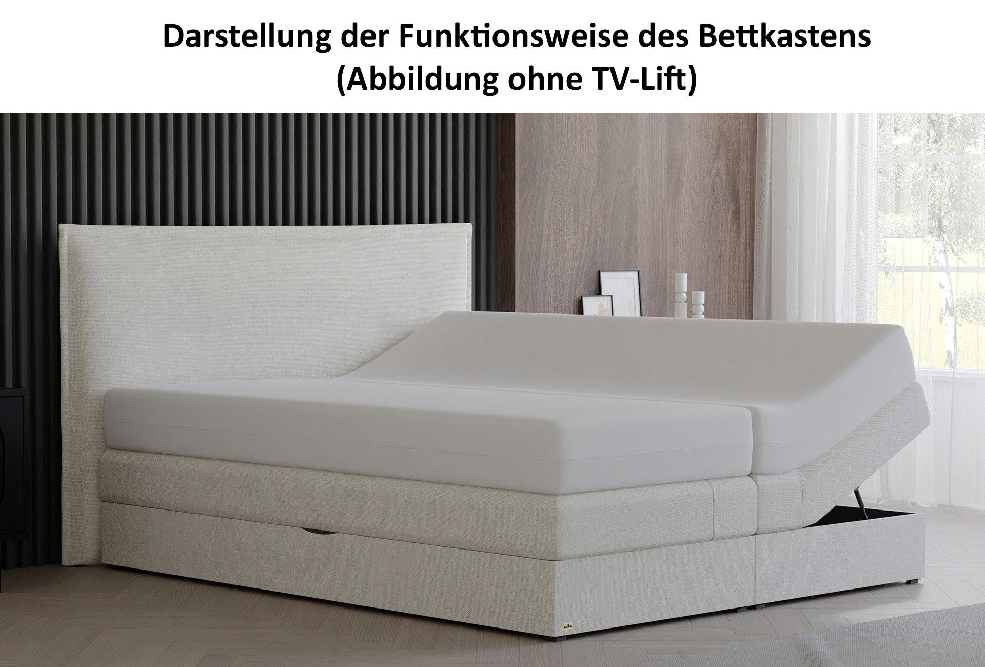 PAARA Boxspringbett mit TV Lift und Bettkasten inkl. Matratze mit integrierten Topper, mit einzigartigem Belüftungssystem