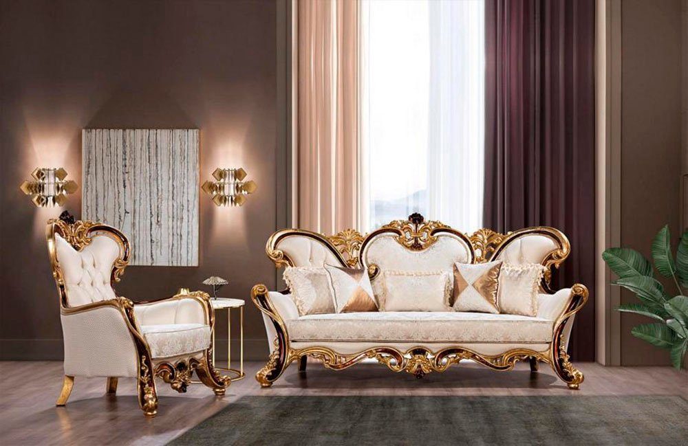 Sitzer / Couchtisch) Gold Couchtisch Klassisch (3-St., 3tlg., Sofa 3 Sofagarnitur Wohnzimmer Set Sessel 3+1 / JVmoebel Wohnzimmer-Set Sitzer