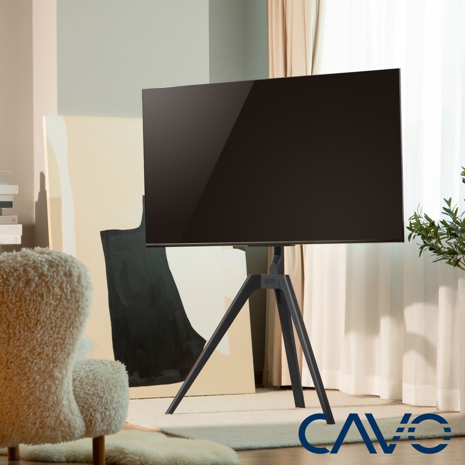 und Design CAVO Tripod-Ständer aus TV-Ständer, mit Sturzsicherung) Walnuss (Dreibein Holz schwarz einfacher TV-Staffelei Installation TV-Standfuß
