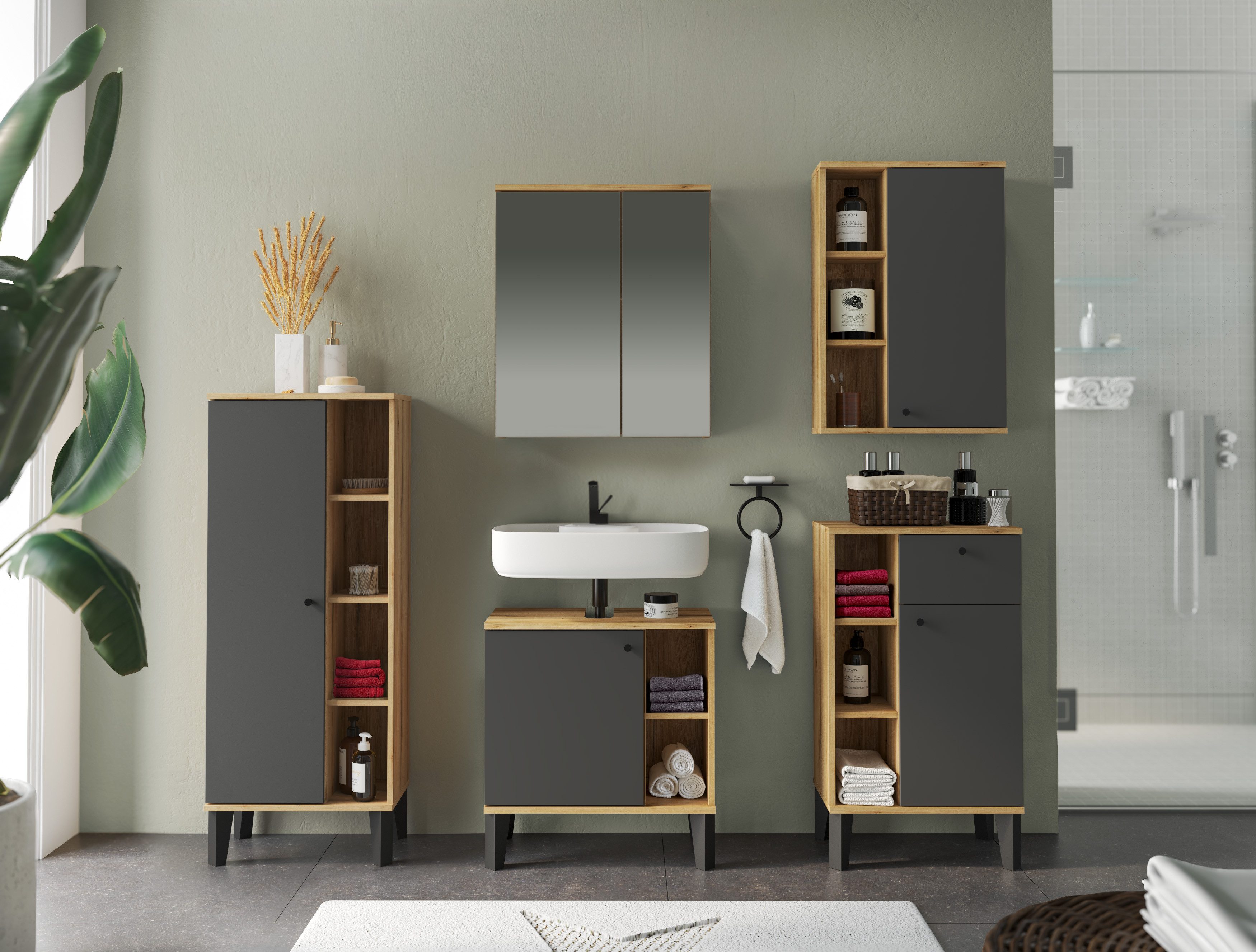 Home affaire Badmöbel-Set OSLO, Bad im skandinavischen Design, 5-teiliges Badezimmer, (Set, 5-St), Badschränke und Spiegel, in zwei Farben verfügbar, viel Stauraum