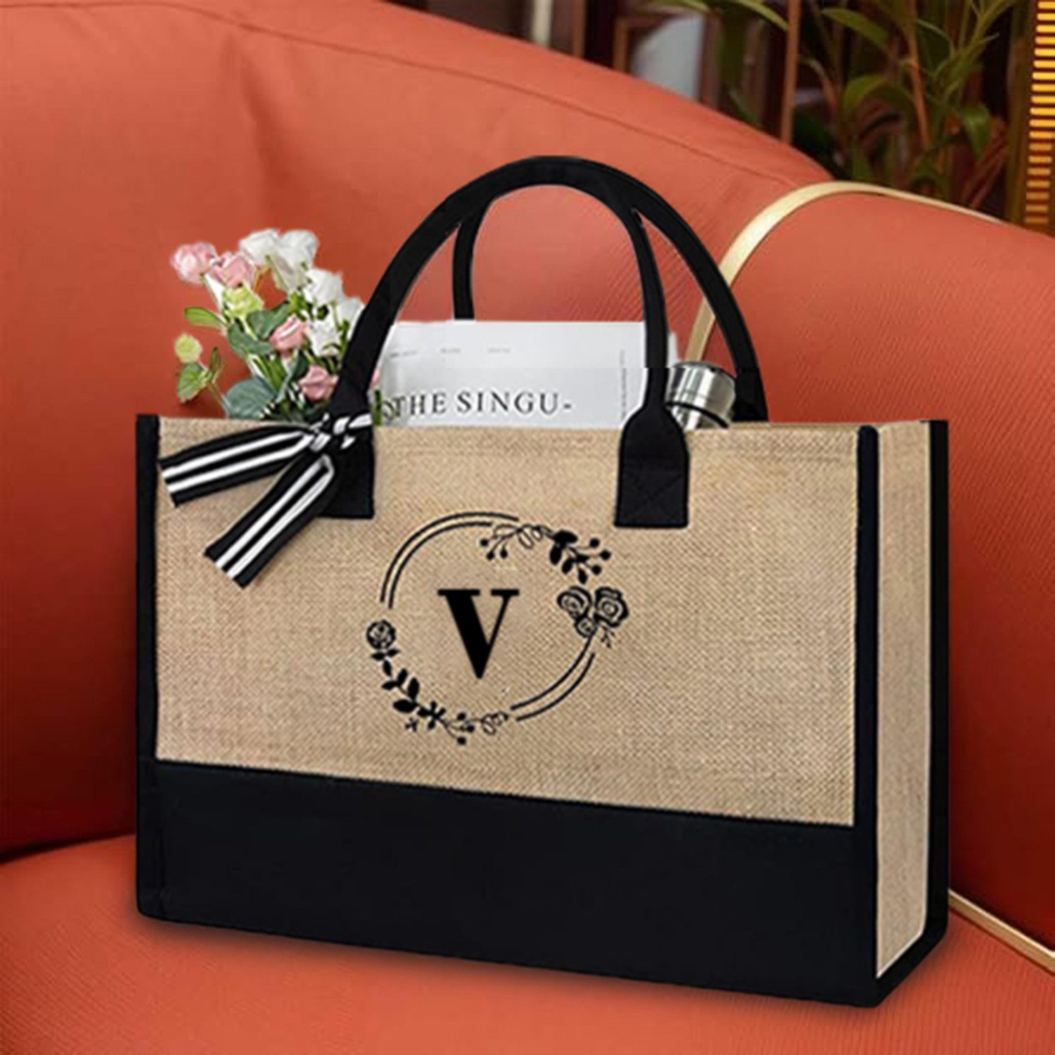 OKWISH Einkaufsshopper Personalisierte Initialen Tragetasche Strandtasche Damen Groß, 21 l, für Freizeit Arbeit Business Schule Büro Party Spaziergang