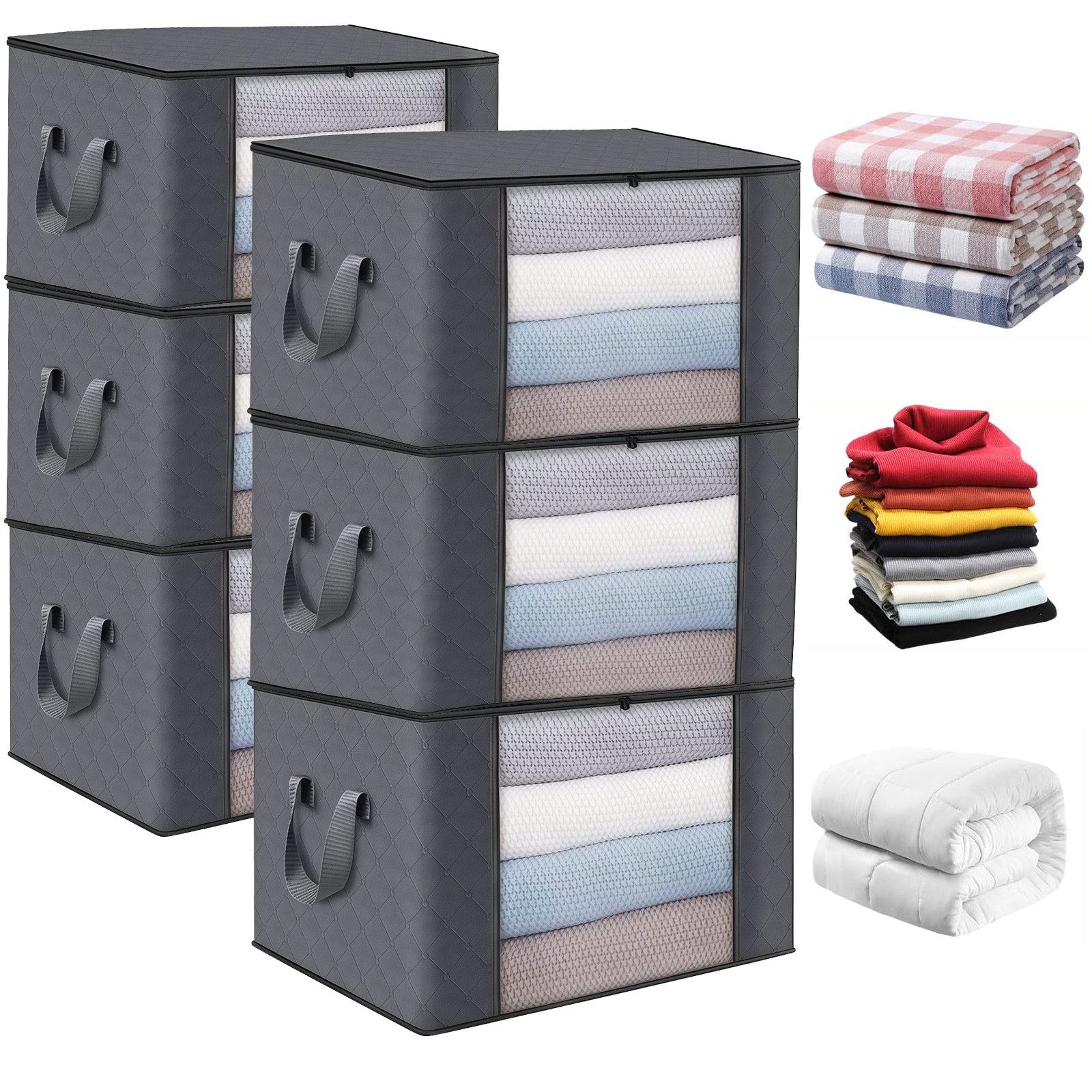 PFCTART Aufbewahrungstasche Faltbare Aufbewahrungstasche 90L Vliesstoff - 6er-Set (Set, 6-tlg., Für Klamotten, Bettdecken & Moving Boxes - Dunkelgrau), Mit Sichtfenster & atmungsaktiv - Organizer für Kleideraufbewahrung