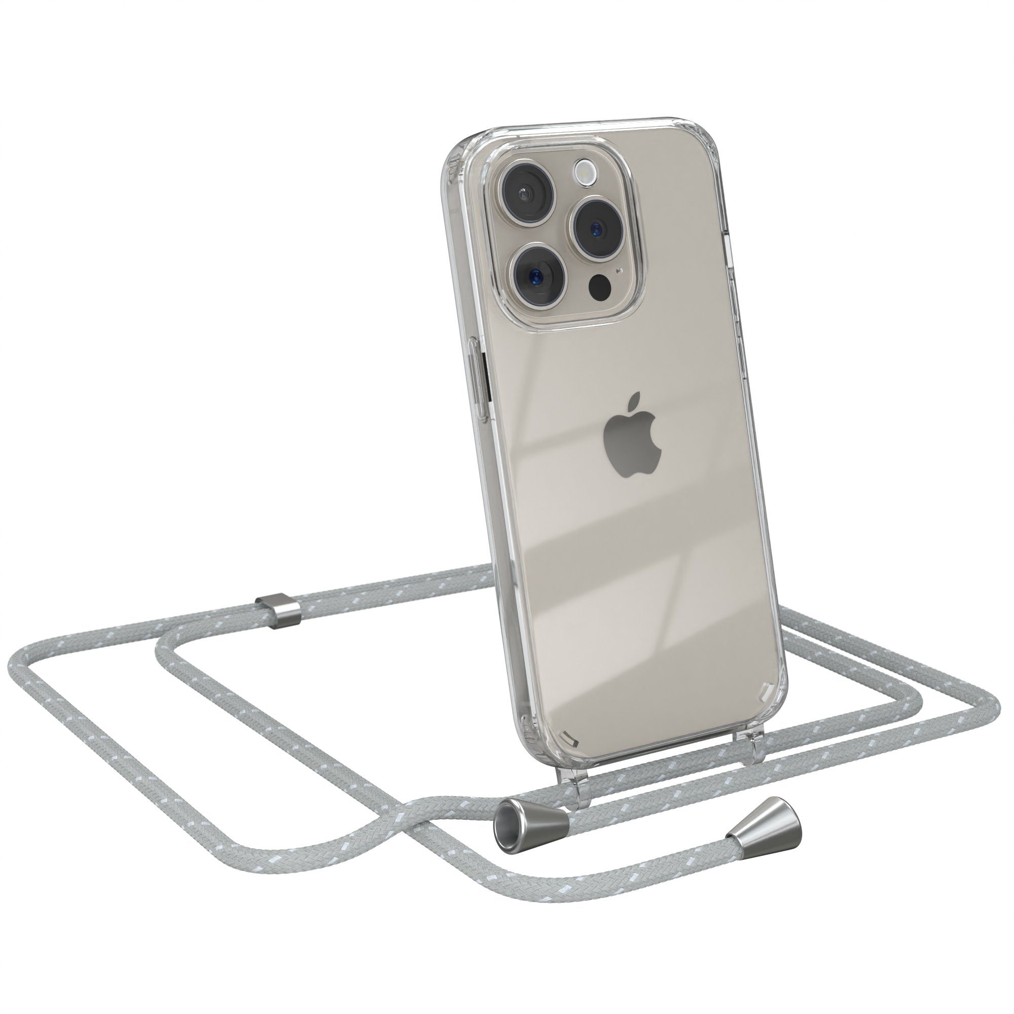 EAZY CASE Handykette mit-/ohne Magsafe Hülle für iPhone 15 Pro 6,1 Zoll, Umhängeband mit Backcover Etui Schutzhülle Hülle Case Hellgrau Weiß
