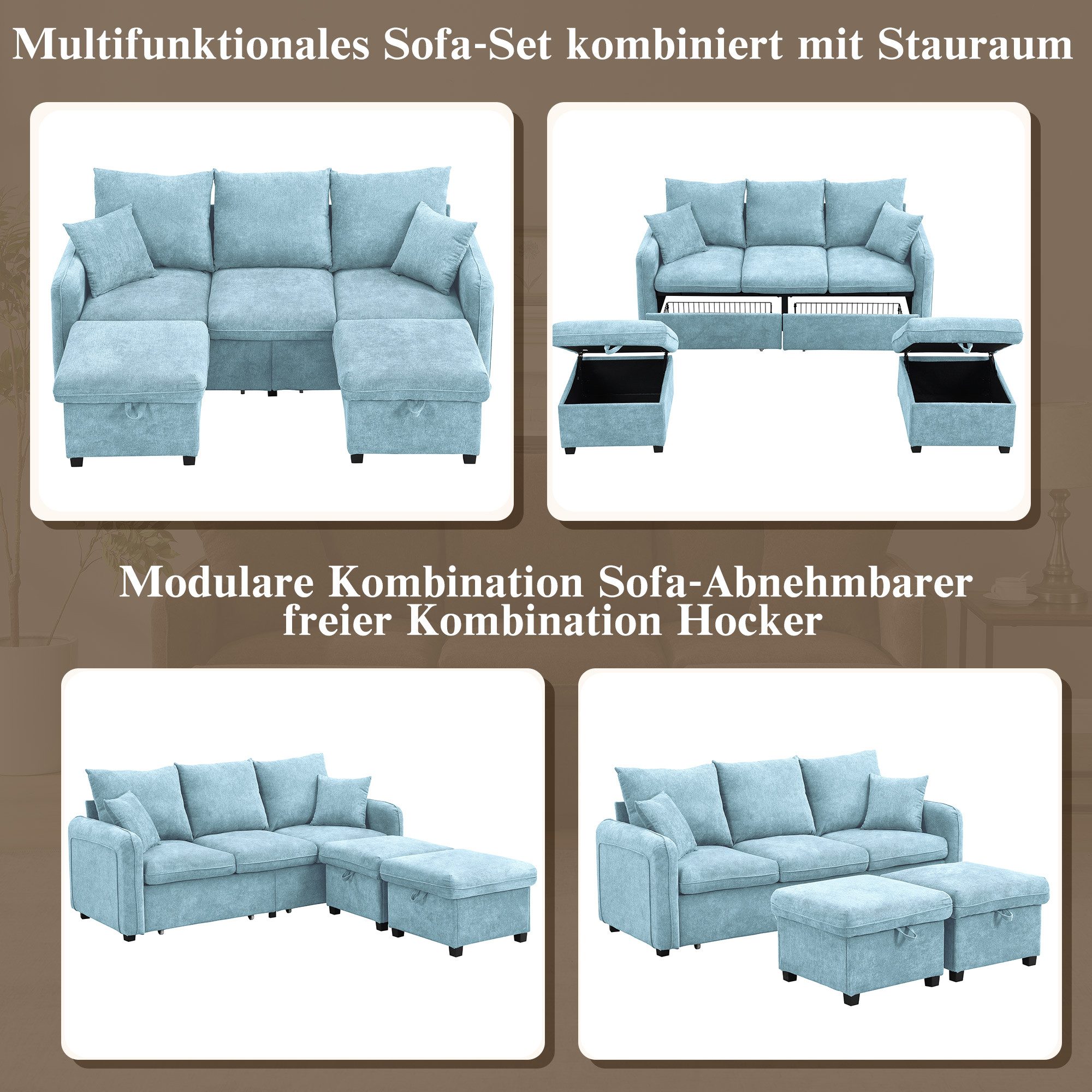 Merax Ecksofa U-förmiges Schlafsofa mit Staufunktion, Tagesbett Sofa Wohnzimmersofa aus Chenille-Bezug 1 Teile, 3-Sitzer-Ecksofa mit 2 Schubladen & 2 Hocker mit Stauraum, Polstersofa