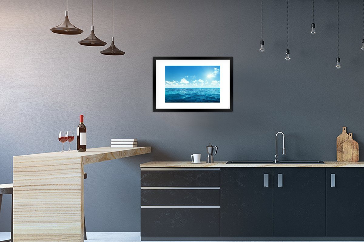 MuchoWow Poster Meer - Himmel - Sonne, (1 St), mit Rahmen, Kunstdruck, Gerahmtes Poster, Schwarzem Bilderrahmen