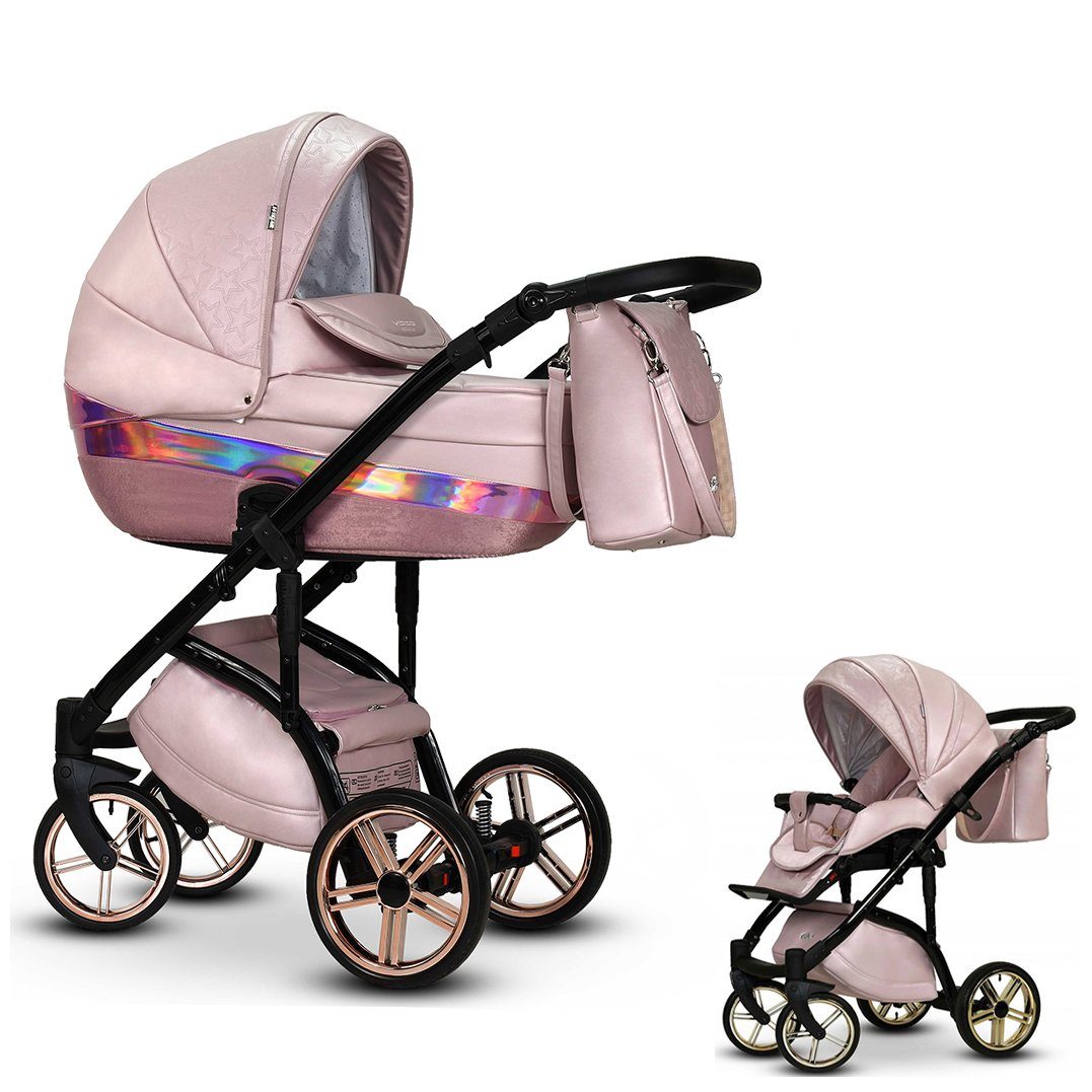 babies-on-wheels Kombi-Kinderwagen - Vip 11 Teile in 2 16 - Rosa-Bunt-Dekor Farben in 1 Kinderwagen-Set Lux