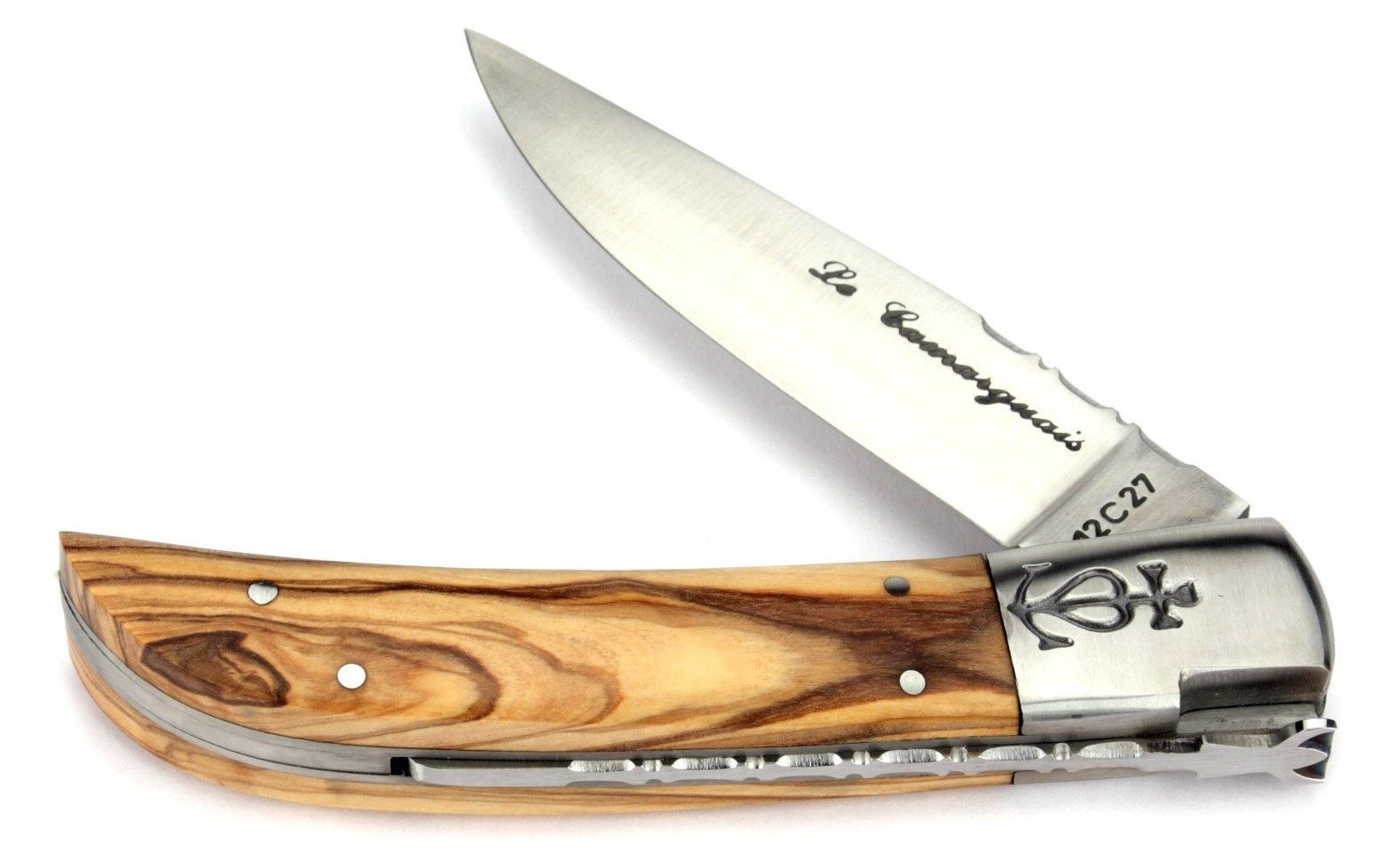 Le Camarguais Taschenmesser 20007, Griff 12cm Olivenholz - Feder, Klingenrücken verziert - Stahl matt