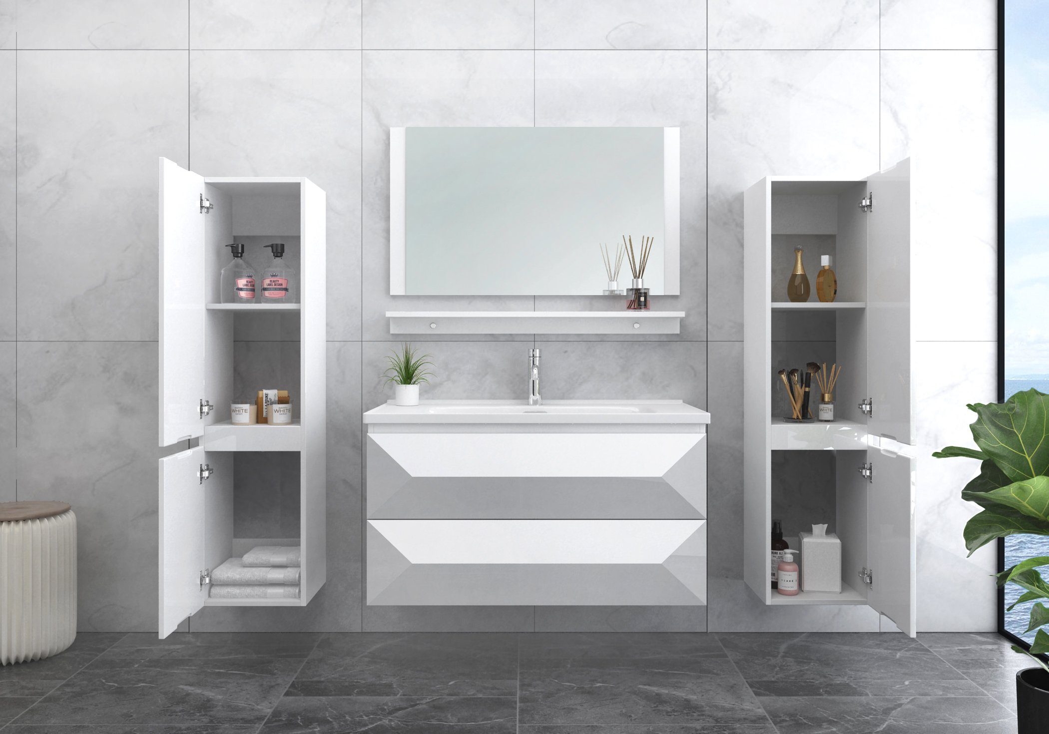 Faizee Möbel Badmöbel-Set Badmöbel Set vormontiert "Miran" Weiß/Schwarz Ker günstig online kaufen