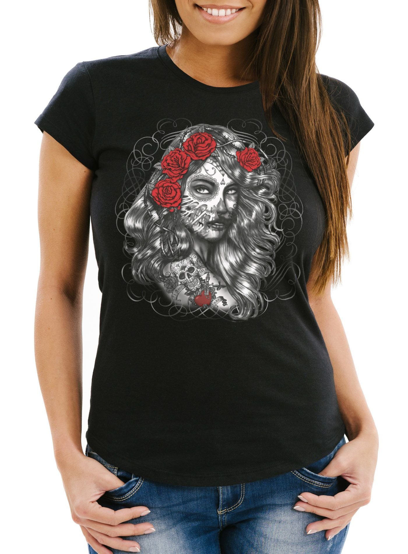 Neverless Print-Shirt Damen T-Shirt Day of Dead Rockabilly Skull Rock n Roll Slim Fit mit Print