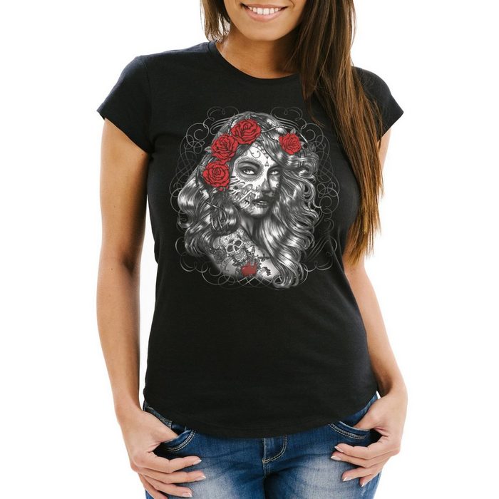 Neverless Print-Shirt Damen T-Shirt Day of Dead Rockabilly Skull Rock n Roll Slim Fit Neverless® mit Print
