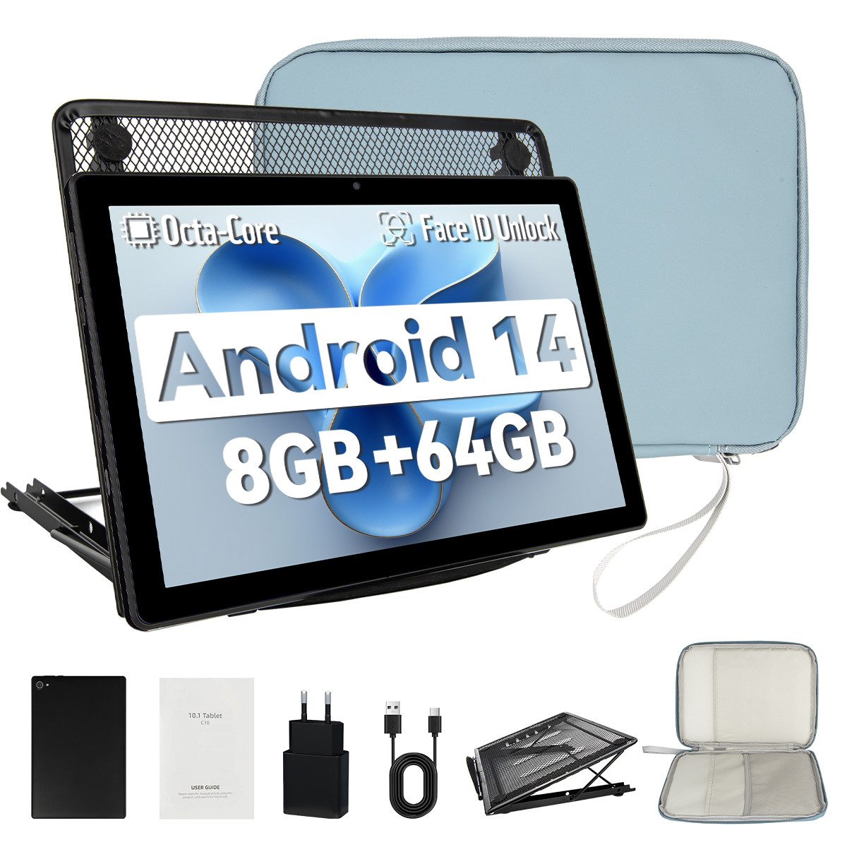 BUFO 10 Zoll 64GB ROM, HD Display, 5000 mAh, WiFi 6 Bluetooth Tablet (10", 64 GB, Android 14, 2,4G/5G WiFi, Tablet-PC mit Tasche und Kühlständer, ideal für Arbeit & Streaming)