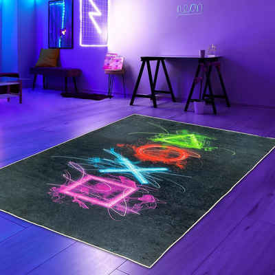 Teppich Gaming-Teppich mit lebendigen Neon-Farben und ikonischen Symbolen, Carpetia, rechteckig, Höhe: 5 mm