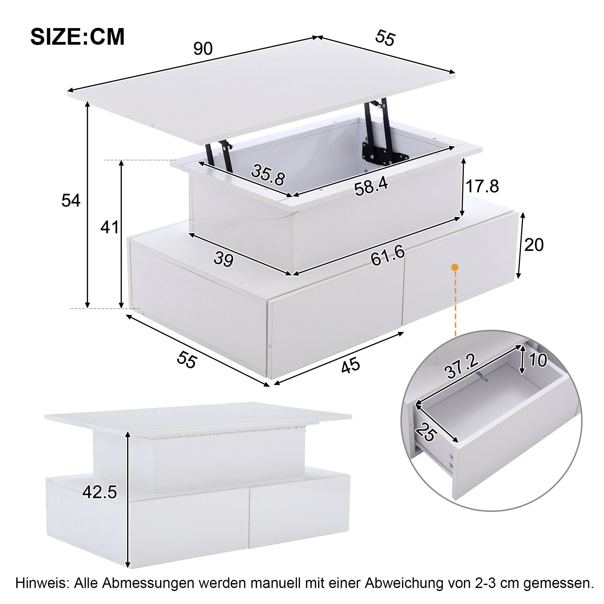KLAM HOME Couchtisch Höhenverstellbarer Couchtisch Mit LED Beleuchtung Und Schublade (Moderner Beistelltisch 90x55x41 cm mit ausziehbarer Tischplatte), Couchtisch mit Stauraum, Click-to-Open Schubladen & App-LED
