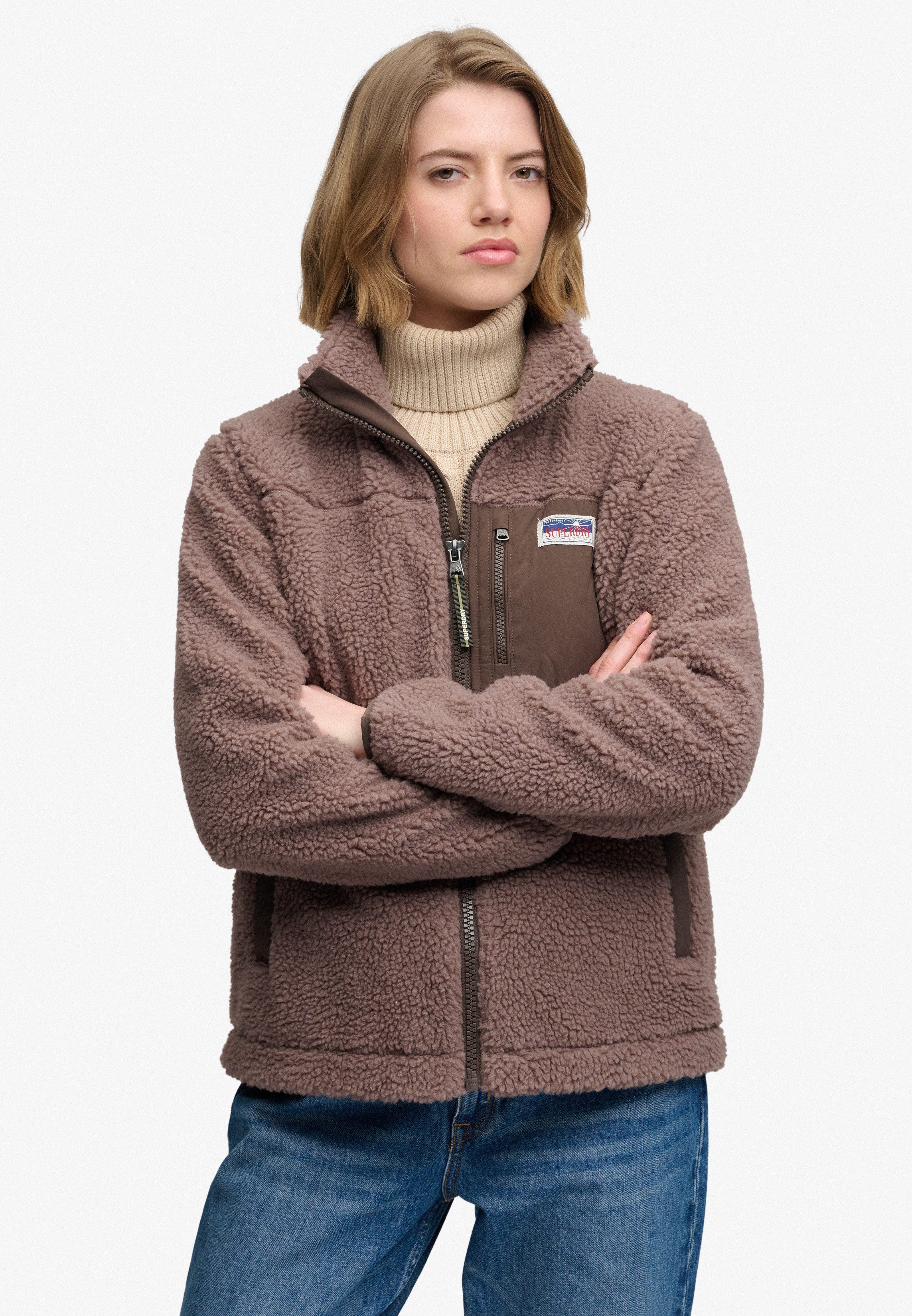 Superdry Kapuzensweatjacke HERITAGE ZIP THROUGH FLEECE Kunstfaser, relaxed fit