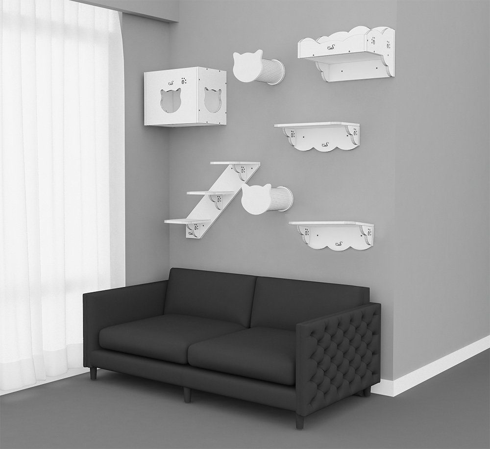 CatS Design Katzen-Wandregal CatS Design Katzen XXL Kletterwand 7 Teilig Set K3, hochwertig solider holz Designmöbel-Extreme starke Konstruktion