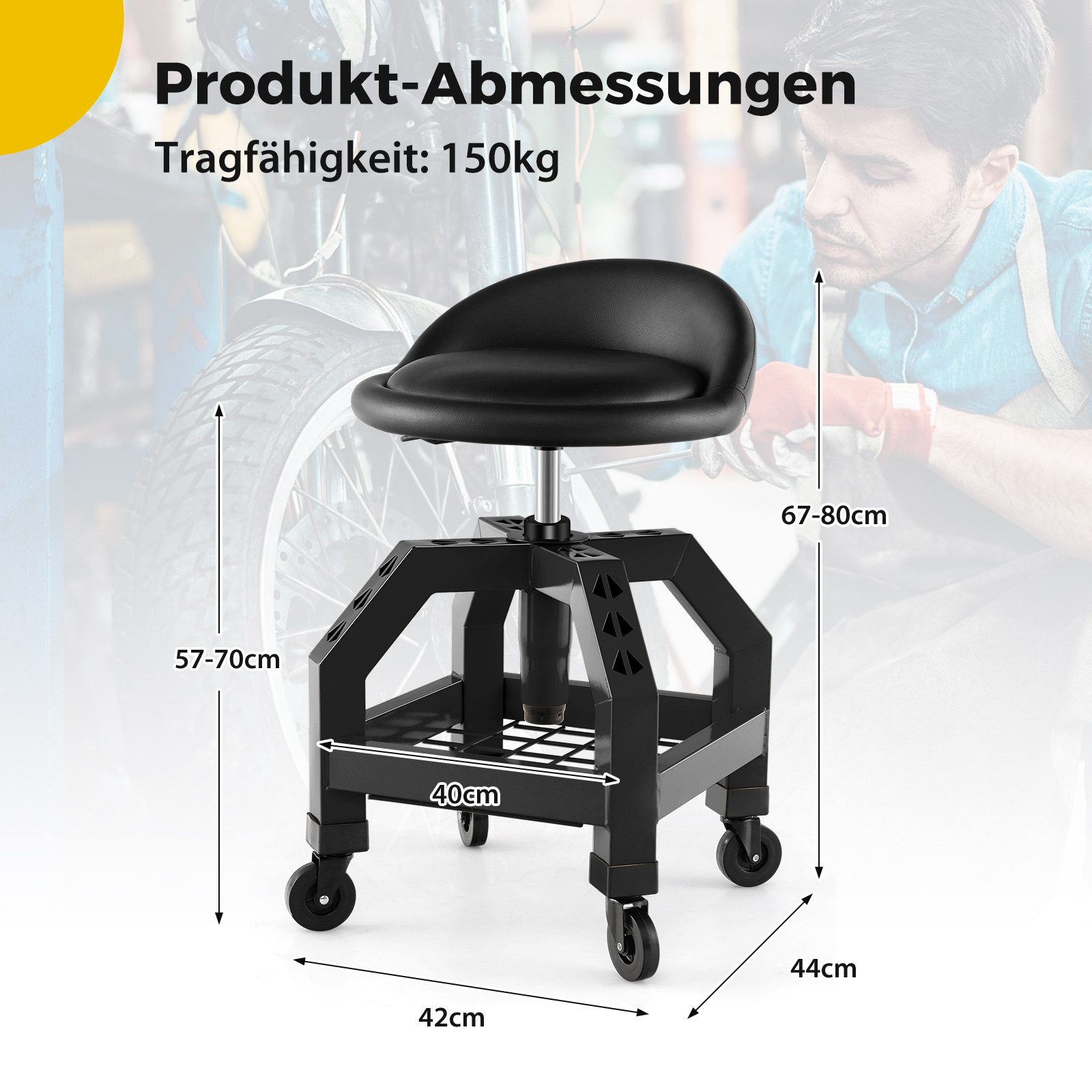 COSTWAY Montagehocker, höhenverstellbar, bis 150 kg, mit Werkzeugablage