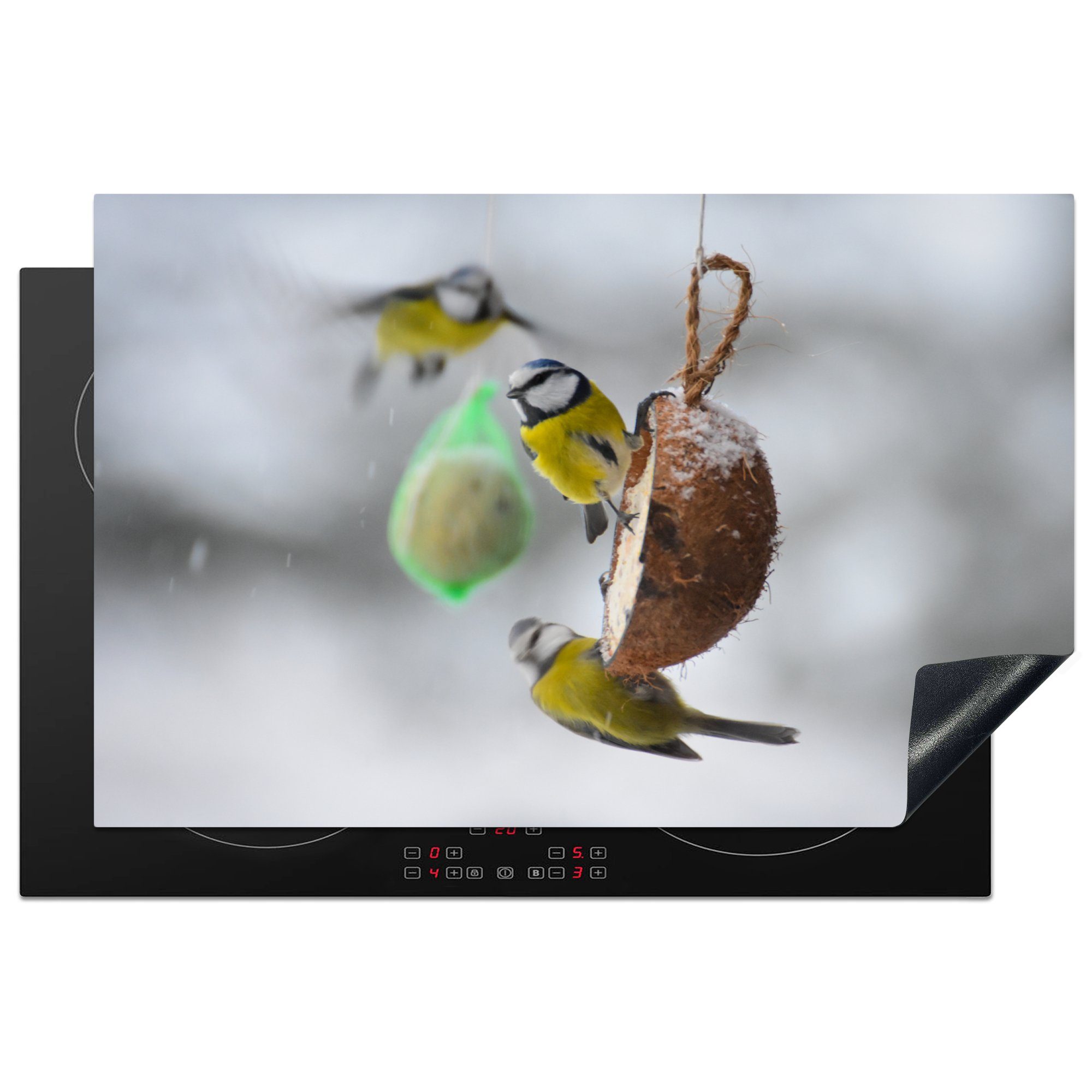 MuchoWow Herdblende-/Abdeckplatte Vögel essen im Winter, Vinyl, (1 tlg), 81x52 cm, Induktionskochfeld Schutz für die küche, Ceranfeldabdeckung