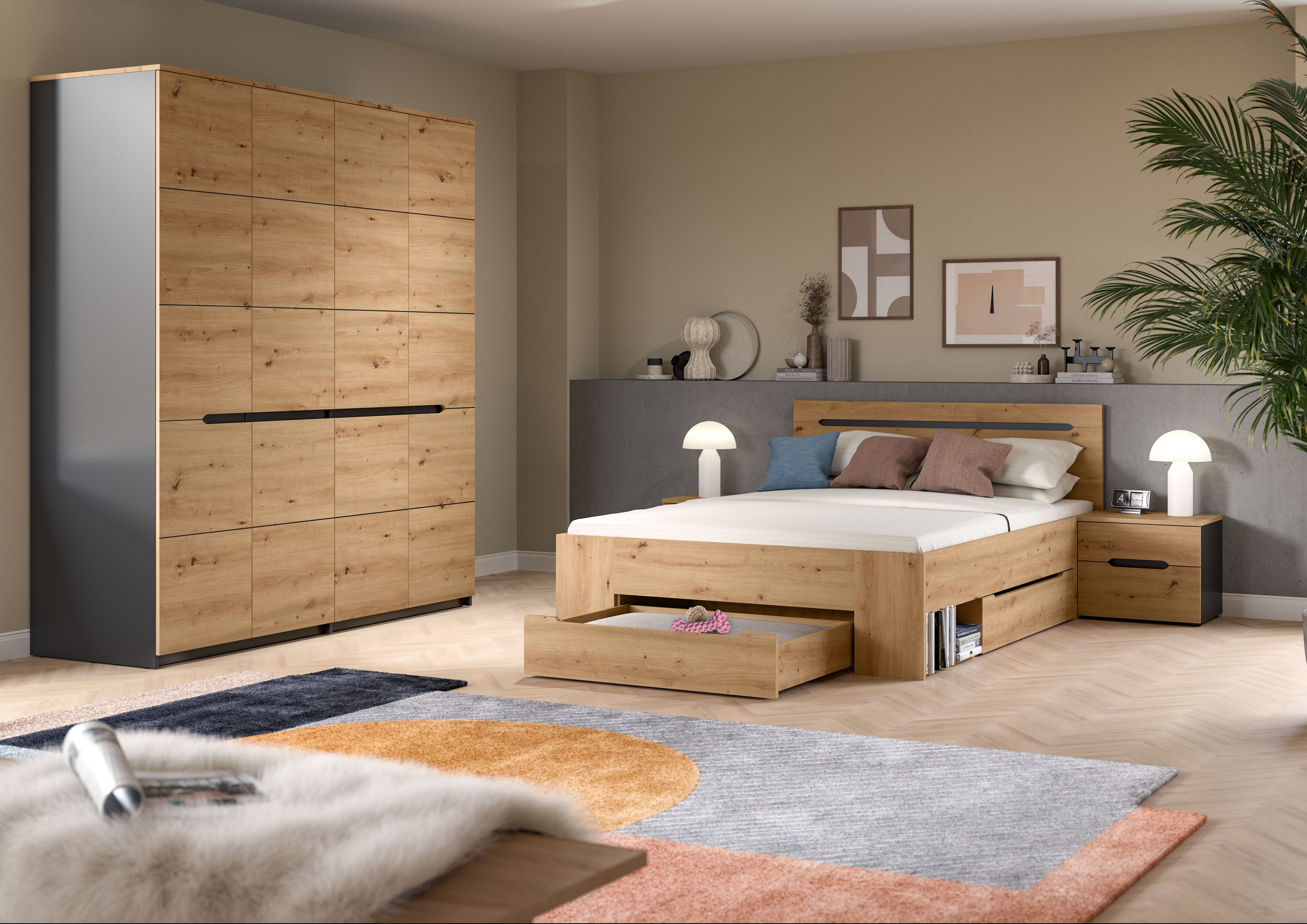 Home affaire Schlafzimmer-Set REHAT, 4-teilig, best. aus: Bett, Kleiderschrank & 2x Nachtkommode, (4-tlg., TOPSELLER!, für Matratzengröße 140x200 cm, viel Stauraum), Rehat, Schlafzimmerset, Bett 140x200 cm, Nachttische, 1 Kleiderschrank